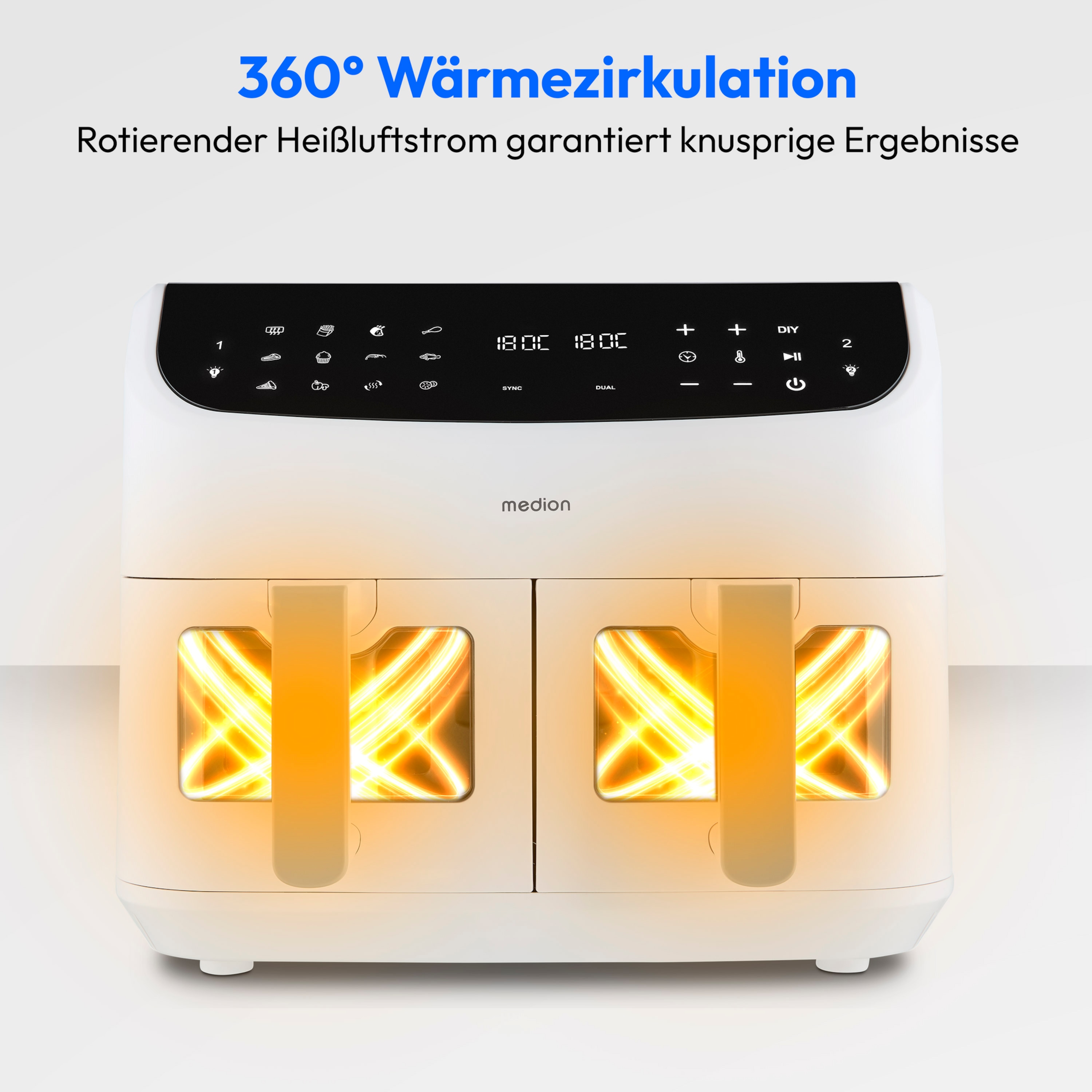 MEDION® LIFE® P20 XXL Twin Matt Doppelzonen-Heißluftfritteuse MD11760, 100 Rezepte in der Life+ App, 2 separate Garzonen, 9 Automatikprogramme, 8,7 L Gesamt-Nutzinhalt, 2.600 Watt, Temperatur einstellbar bis 200 °C