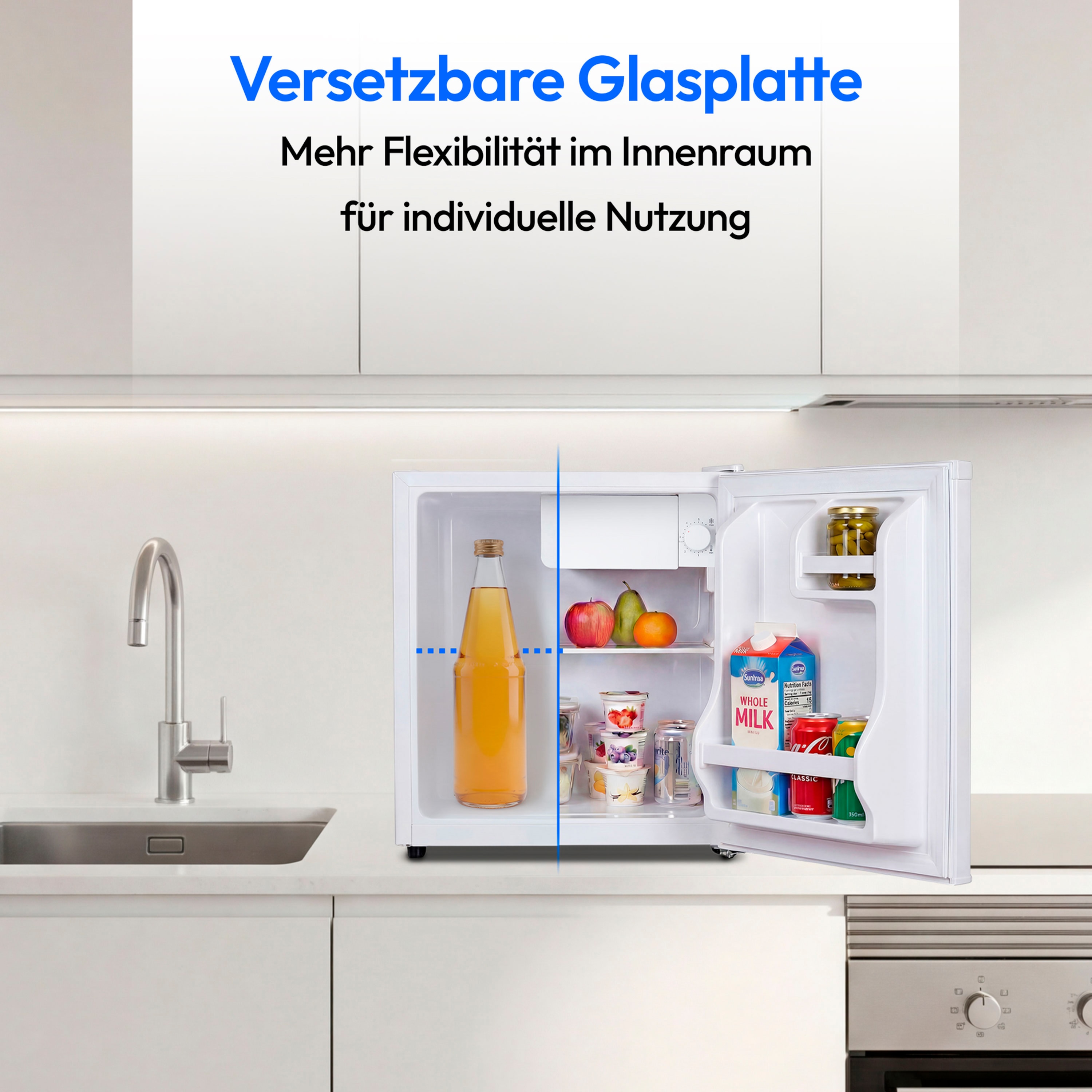 MEDION® LIFE Mini-Kühlschrank mit Eisfach und Schloss MD370001, 42 L Gesamtnutzinhalt (Kühlteil 37 L & Eisfach 5 L), wechselbarer Türanschlag, Schloss, geringer Geräuschpegel