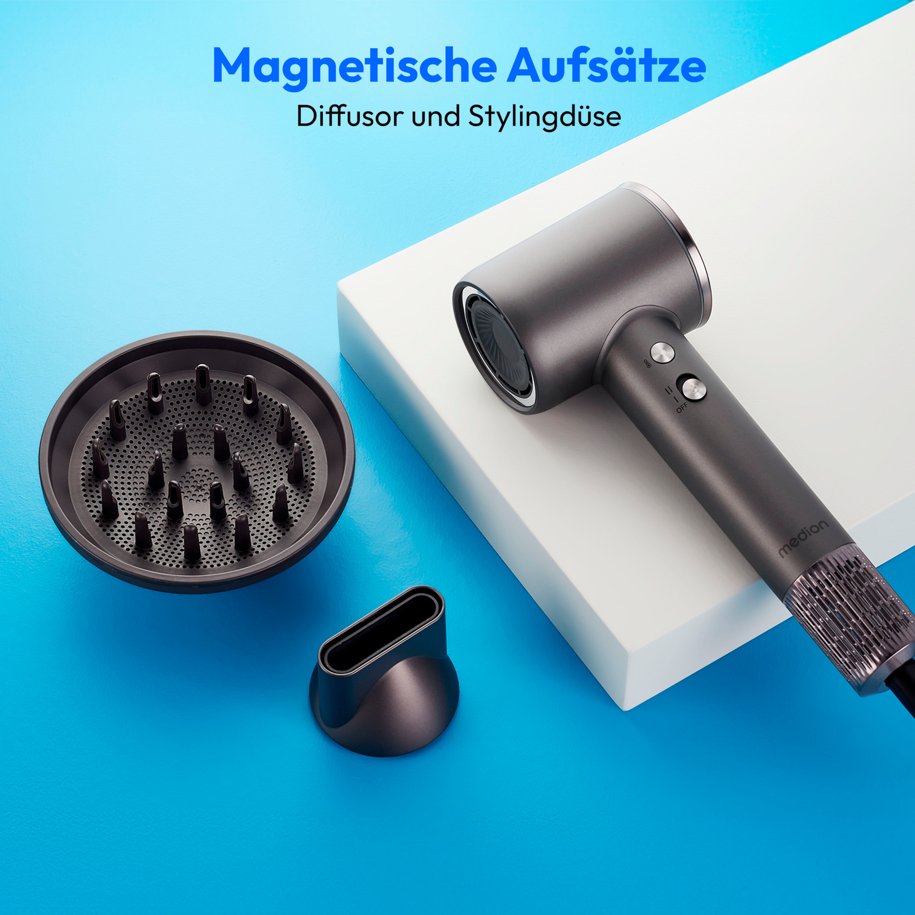 MEDION® LIFE HD1 Haartrockner mit Ionen-Technologie, 1.600 Watt, Selbstreinigungsfunktion, Magnetische Aufsätze: Stylingdüse und Diffusor, 3 Temperatur- und 2 Luftstromstufen