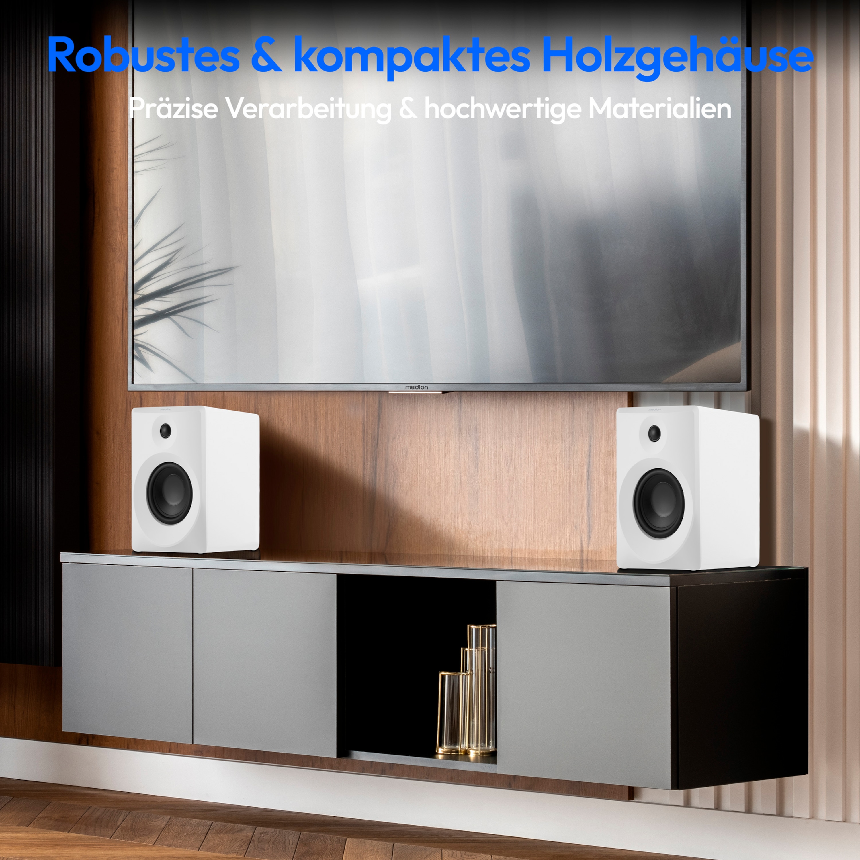 MEDION® LIFE® P61925 Regallautsprecher, aktiver & passiver Lautsprecher, 2-Wege-System, Bluetooth® 5.0, Stereo-Sound mit integriertem Hochtöner und Subwoofer, 2 x 50 W RMS