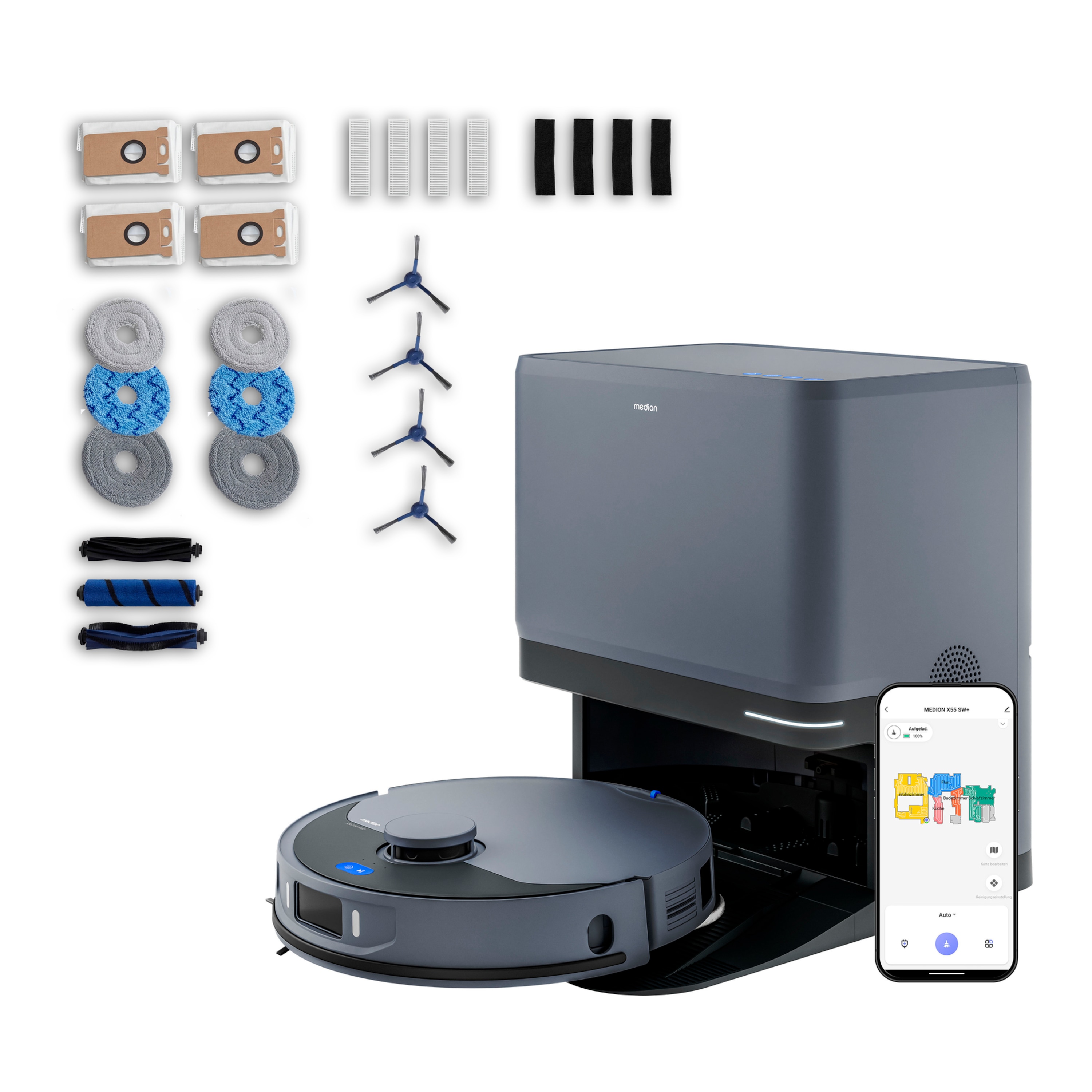 MEDION® Saugroboter mit 3-in-1 Absaugstation X55 SW+ Pro, Wischfunktion, rotierende und bewegliche Wischmopps, Lasernavigation, Hinderniserkennung durch Kreuzlinienlaser, starke 10.000 Pa Saugkraft, präzise Kartenerstellung