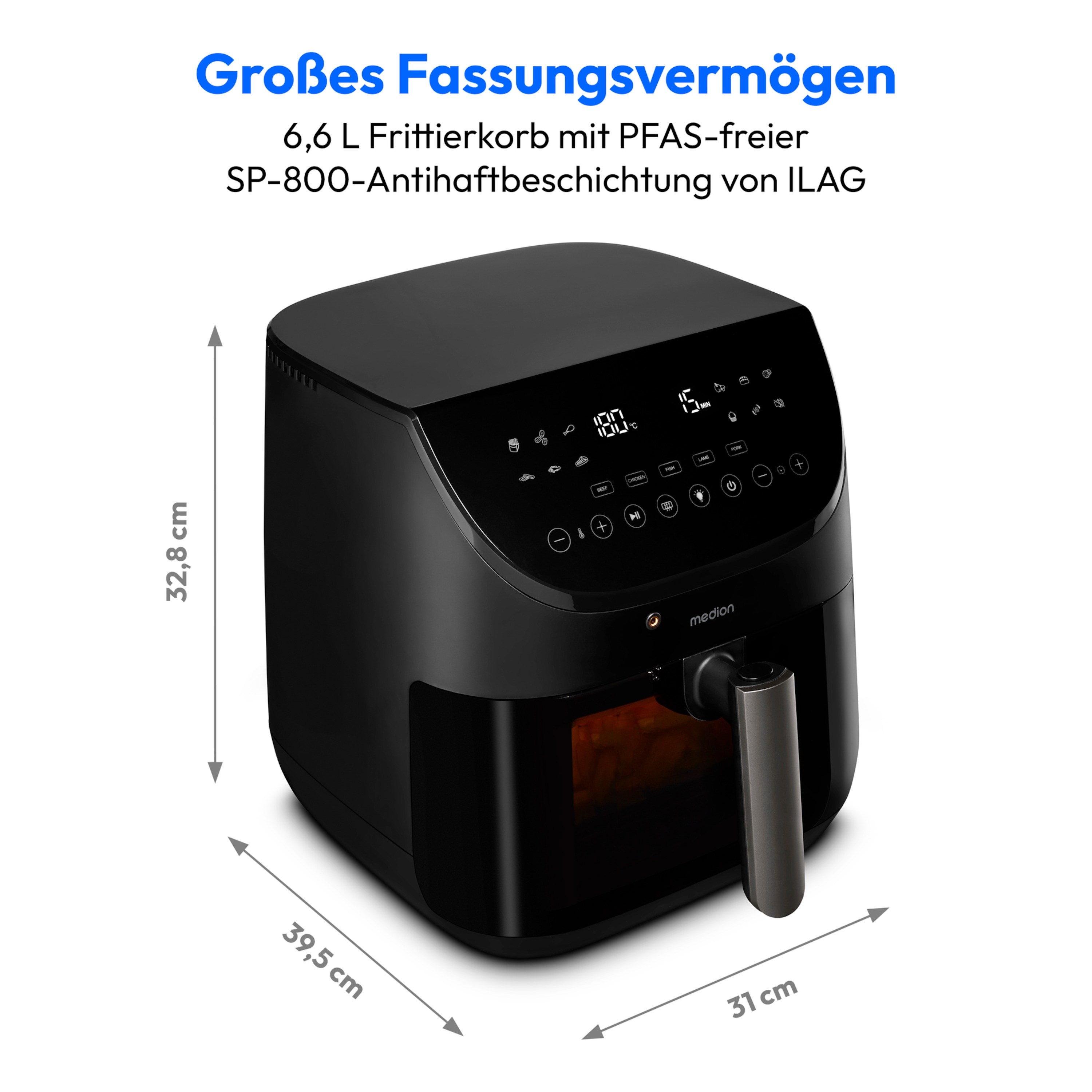 MEDION® LIFE Heißluftfritteuse X20 XL (MD13060), Temperaturfühler, MEDION Life+ App, Touch-Sensor- Bedienfeld, 6,6 L Fassungsvermögen, 10 Automatikprogramme, 5 Fleischprogramme