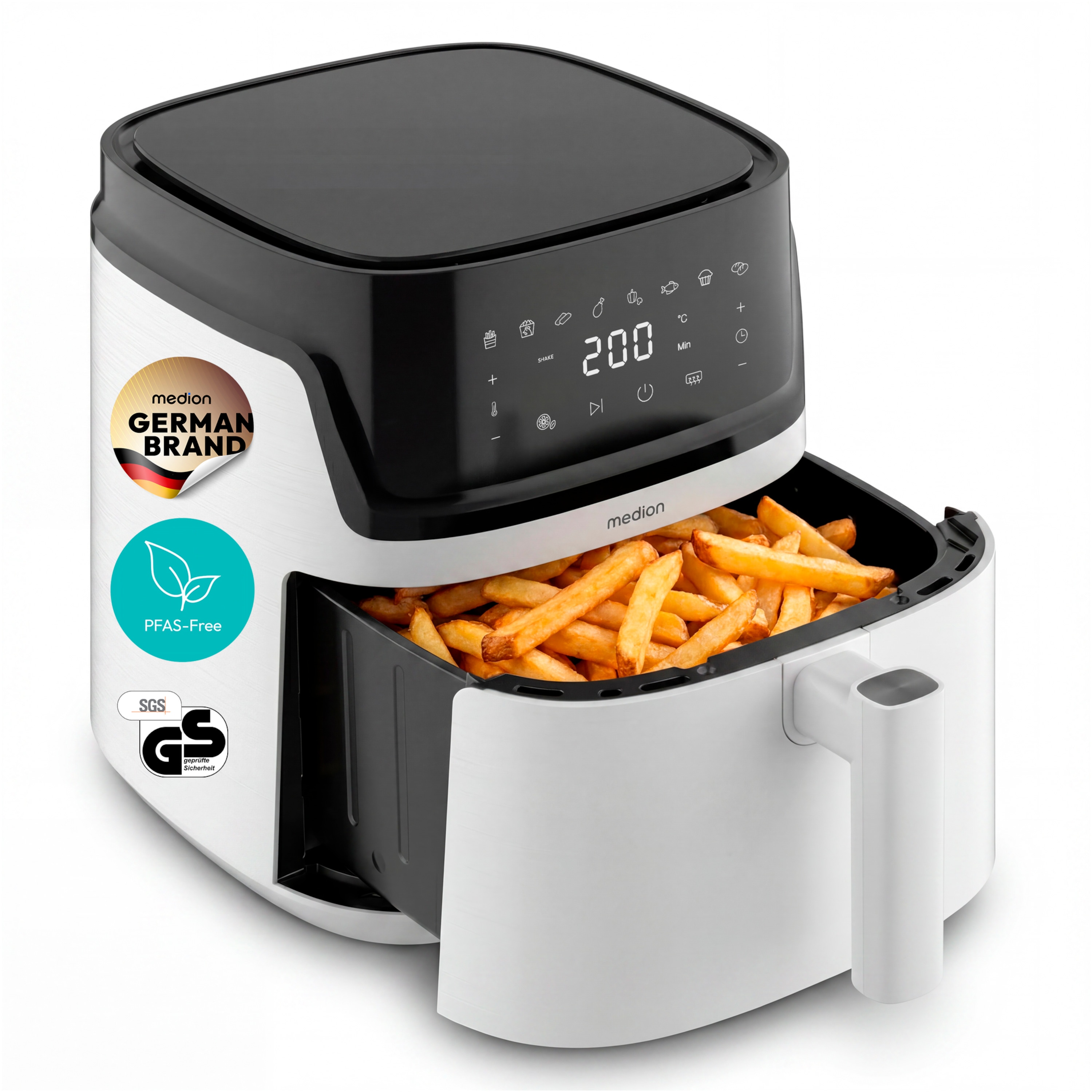 MEDION® LIFE Heißluftfritteuse MD100056, 7,2 L Gesamtvolumen, 10 Automatikprogramme, Edelstahl-Heizelement, digitales Sensor-Touch-Display, Temperatur 40–200 °C, ILAG SP-800 Beschichtung