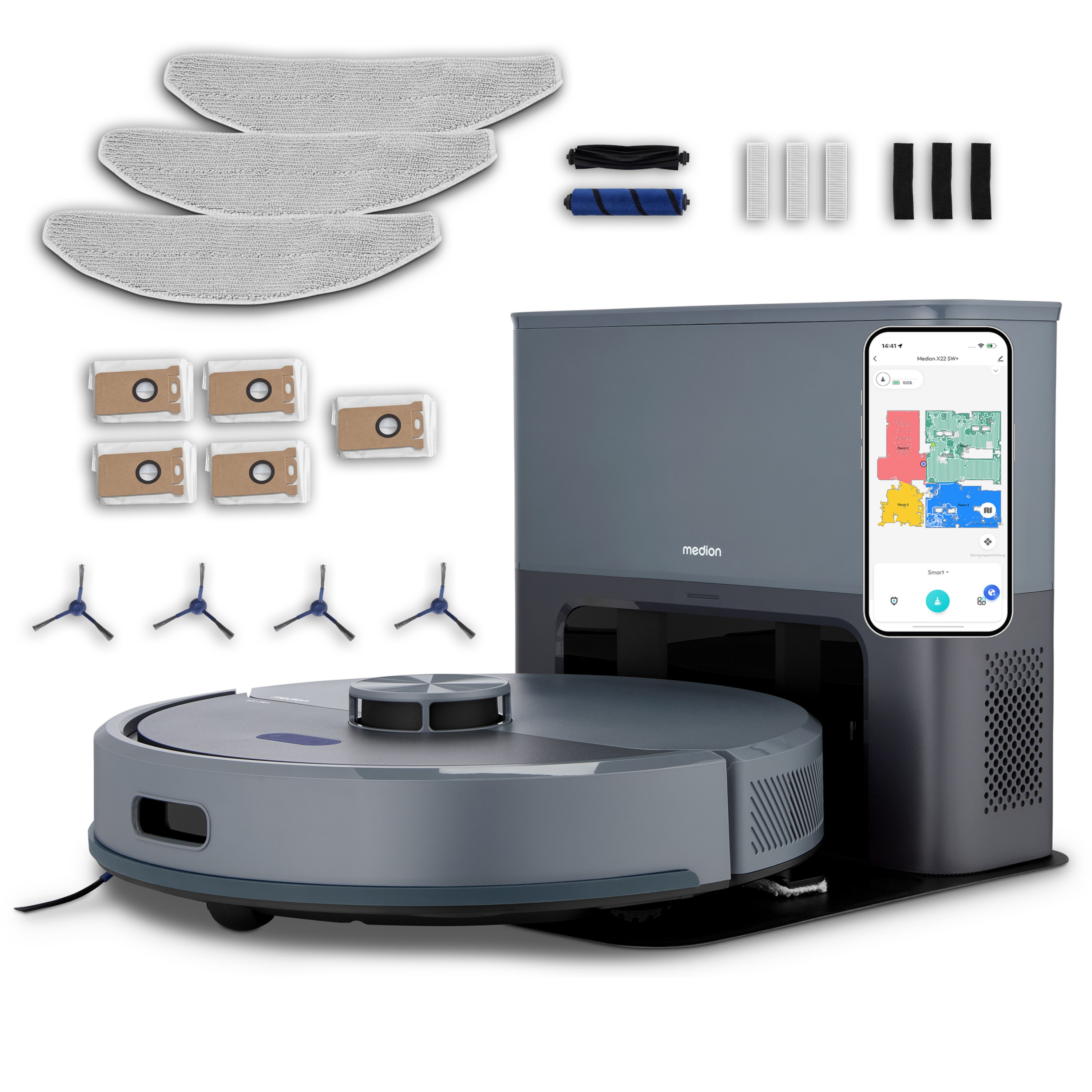 MEDION® Saugroboter mit Absaugstation X23 SW+, Wischfunktion, Lasernavigation, 5.000 Pa Saugkraft, No Go & Go Bereiche, präzise Kartenerstellung, mehrere Etagen, App-Steuerung