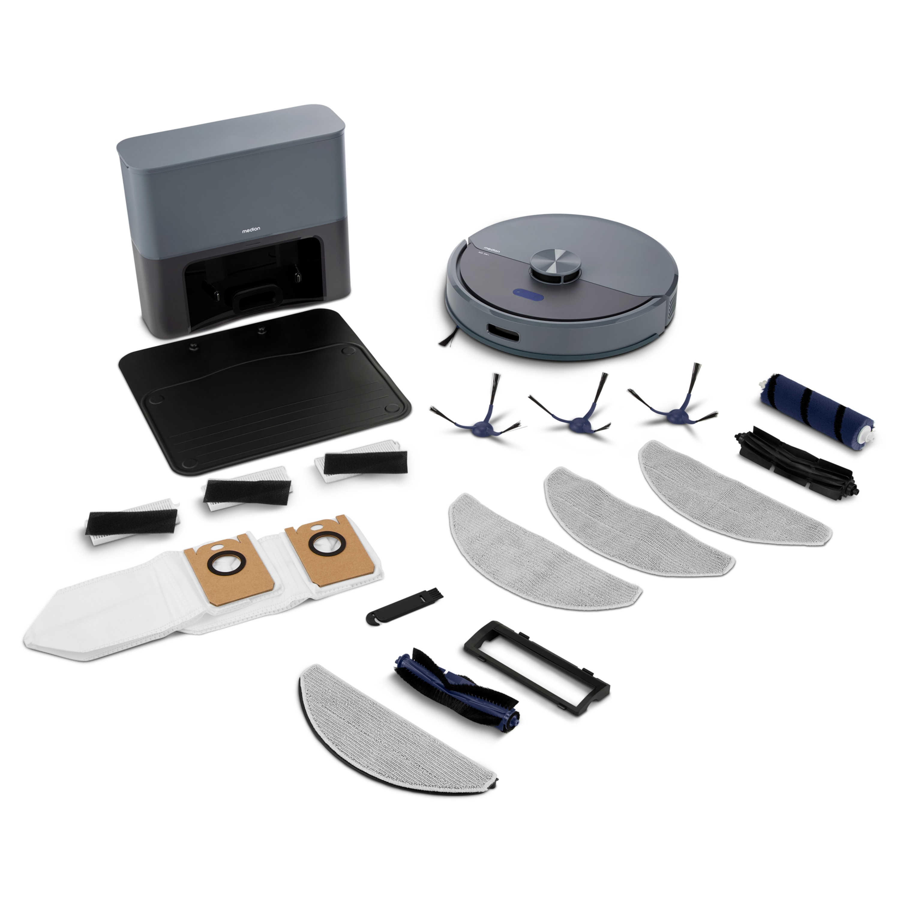 MEDION® Saugroboter mit Absaugstation X23 SW+, Wischfunktion, Lasernavigation, 5.000 Pa Saugkraft, No Go & Go Bereiche, präzise Kartenerstellung, mehrere Etagen, App-Steuerung