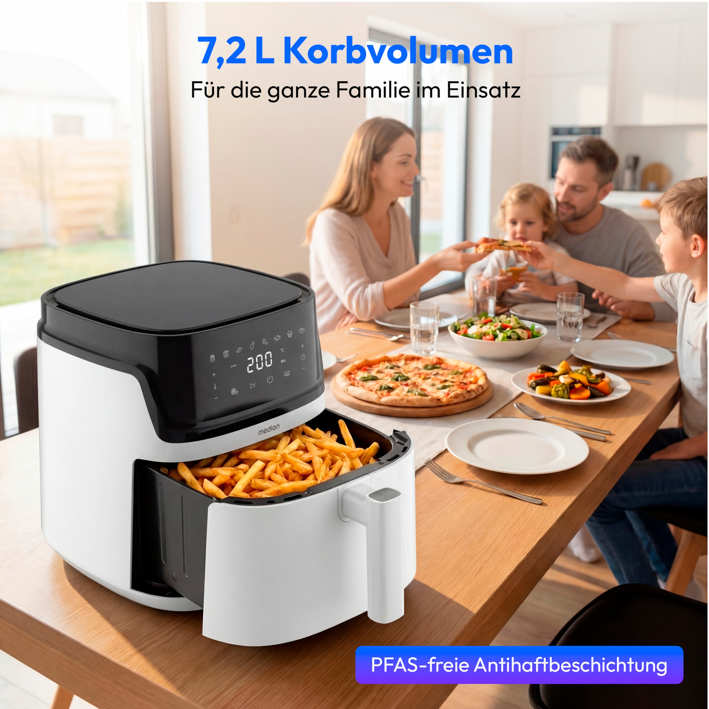 MEDION® LIFE Heißluftfritteuse MD100056, 7,2 L Gesamtvolumen, 10 Automatikprogramme, Edelstahl-Heizelement, digitales Sensor-Touch-Display, Temperatur 40–200 °C, ILAG SP-800 Beschichtung