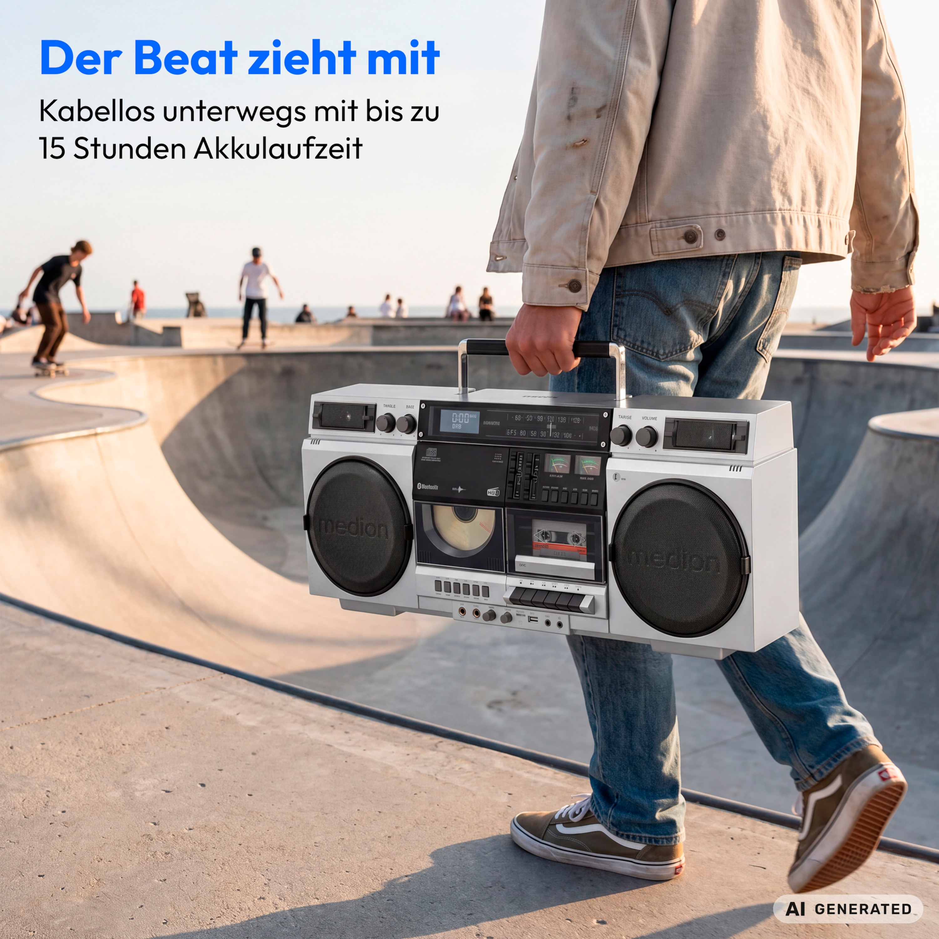 MEDION® LIFE P66538 Retro-Boombox silber, DAB+/PLL-UKW Radio, Bluetooth® 5.3 für das Abspielen von Smartphone & Co, CD-Player, Kassettendeck, X-Bass Funktion, 2 x 10 W RMS