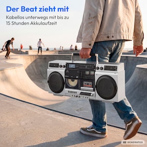 MEDION® LIFE P66538 Retro-Boombox silber, DAB+/PLL-UKW Radio, Bluetooth® 5.3 für das Abspielen von Smartphone & Co, CD-Player, Kassettendeck, X-Bass Funktion, 2 x 10 W RMS