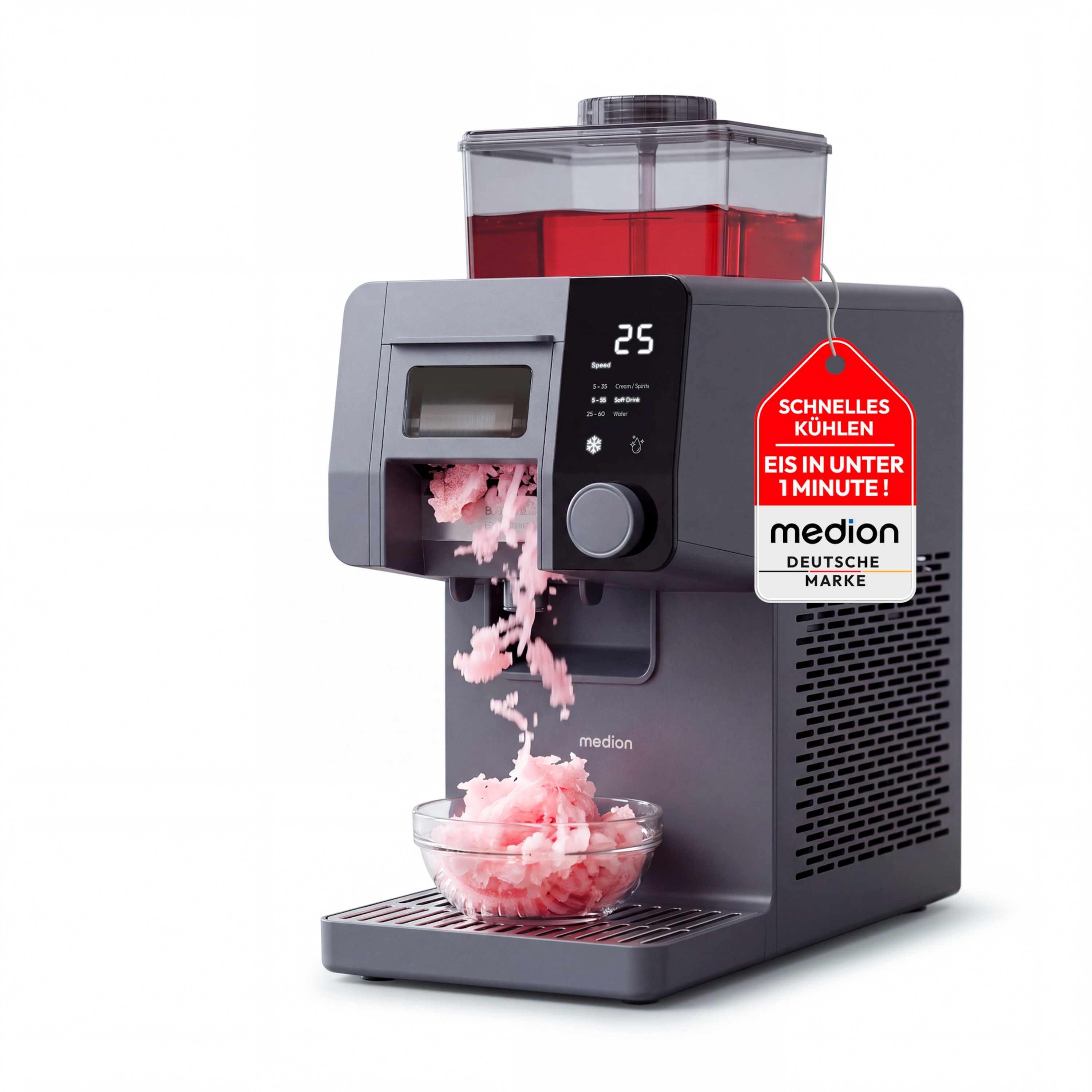 MEDION® Snowzy MD 100183, Snow-Ice-Maker, 200 Watt, 1,8-Liter-Tank, in 50 Sekunden startklar, stufenlose Geschwindigkeitsregelung, LED-Display