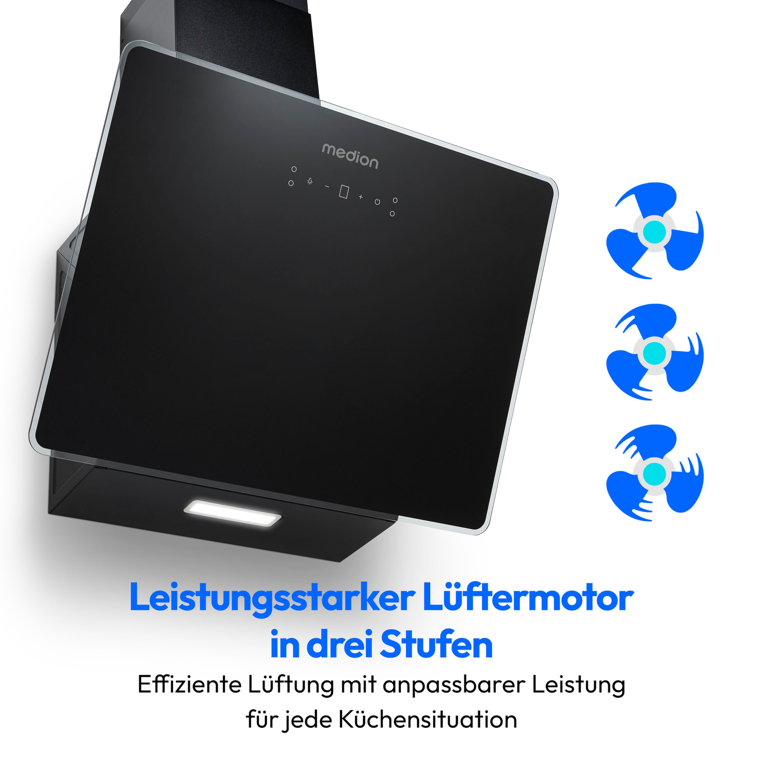 MEDION® Kopffreie Glas-Dunstabzugshaube MD 37774, Breite 60cm, LED-Beleuchtung, 3 Geschwindigkeitsstufen, Steuerung per Touch oder mit Gesten