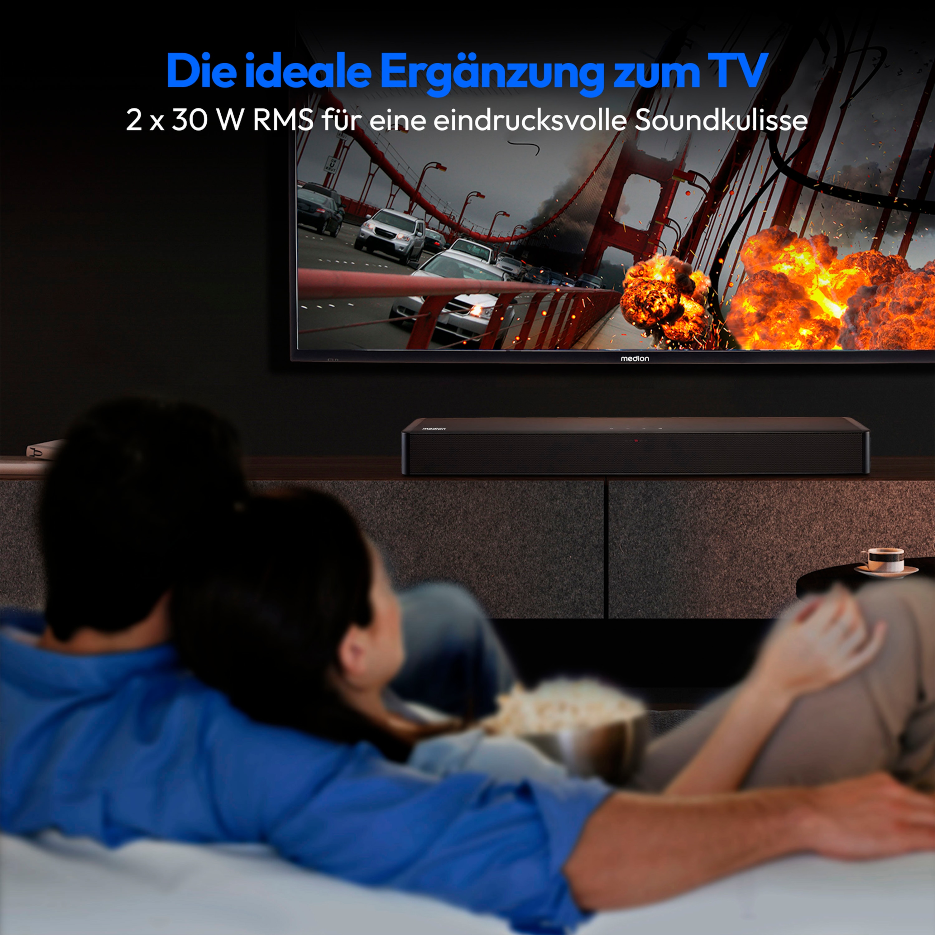 MEDION® LIFE® P61155 2.0 Soundbar, ideale Ergänzung zum TV bzw. Heimkino, kabellose Musikübertragung von Smartphone & Co via Bluetooth® 5.1, kompakte Soundbar mit Touch- & Fernbedienung