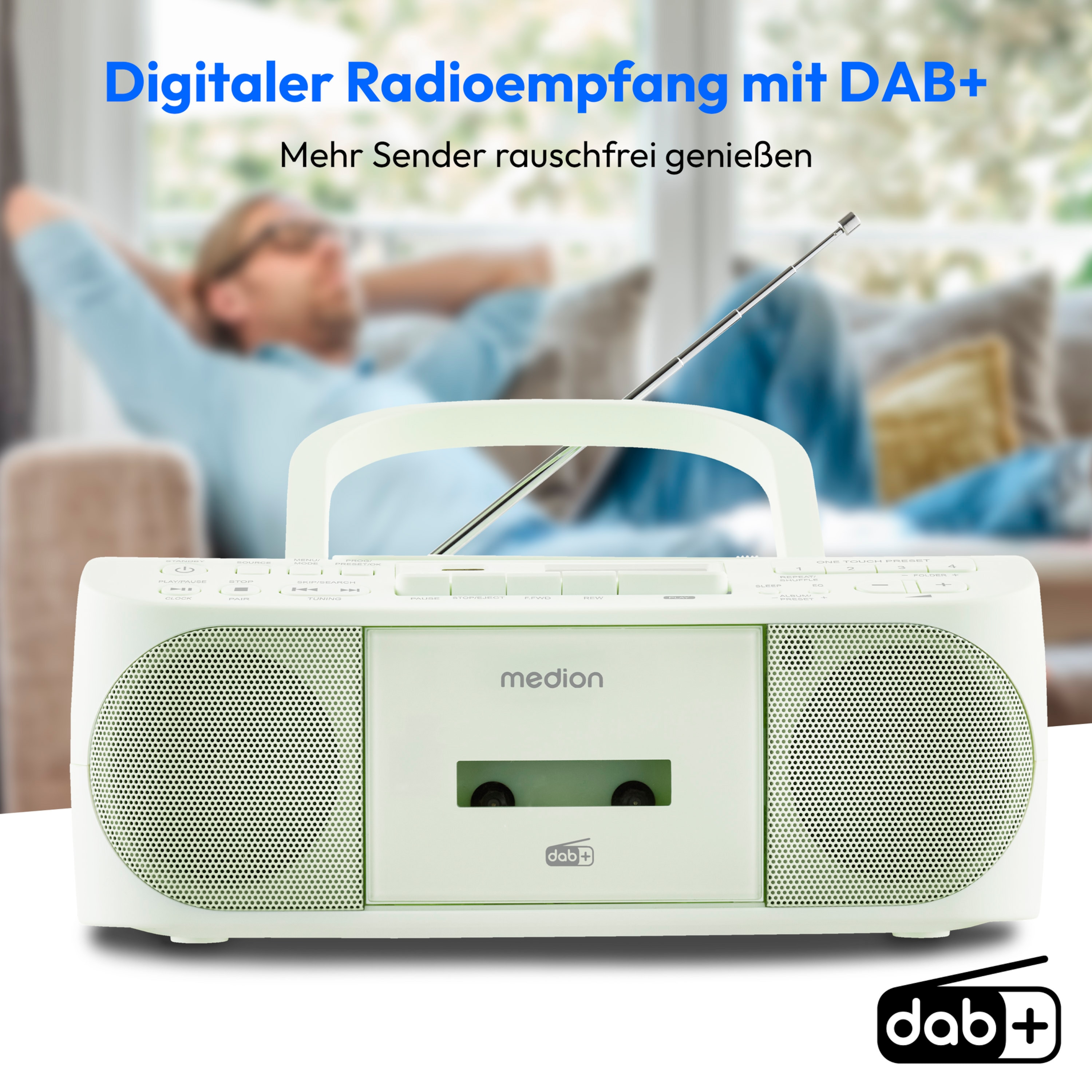 MEDION® LIFE® DRX-1 Plus Boombox, DAB+/PLL-UKW-Stereo Radio, Bluetooth® 5.4, CD-Kassetten-Radio mit MP3-Wiedergabe, USB Anschluss, CD-R/RW kompatibel, AUX-In, 2 x 3 W RMS