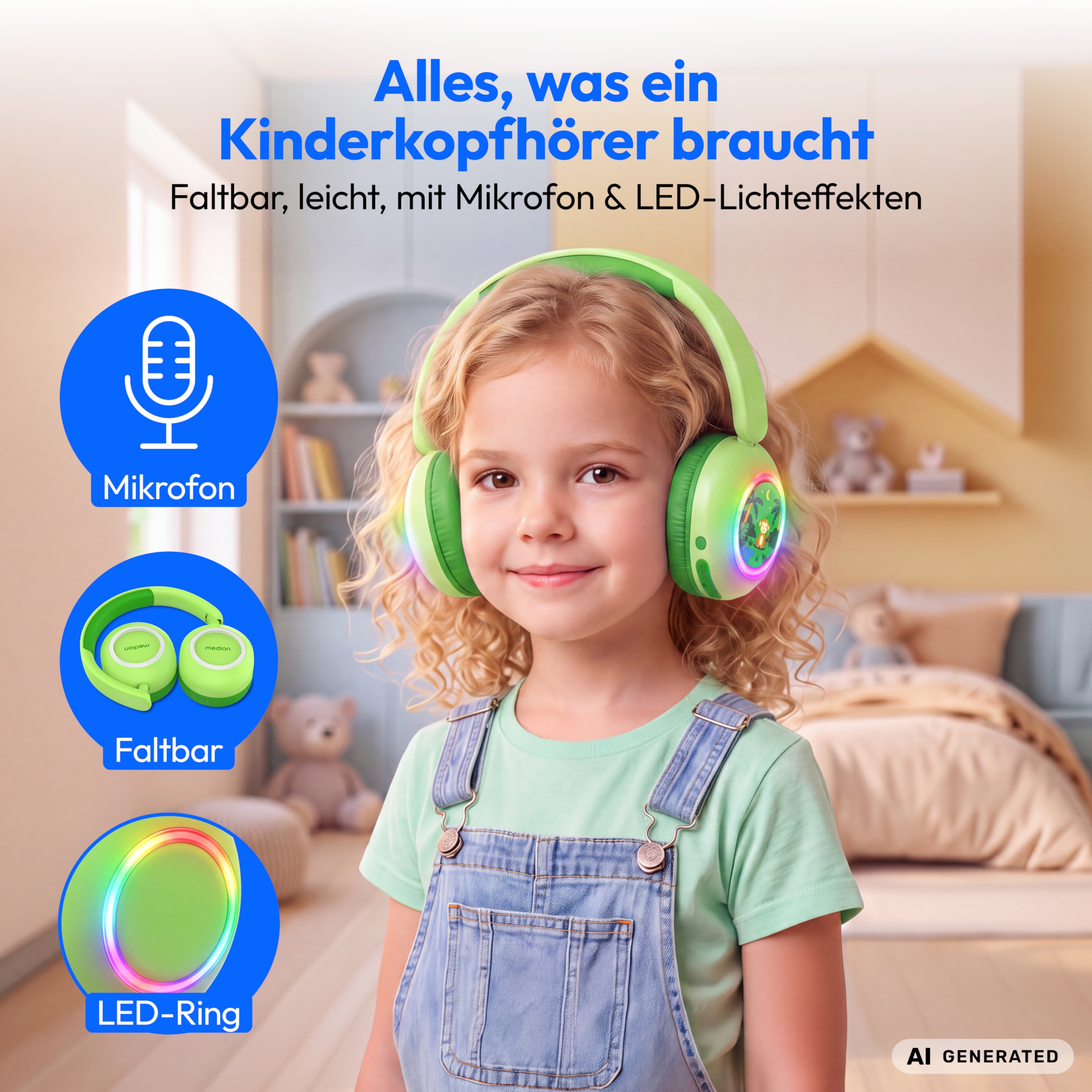 MEDION® LIFE HE-1 Kids Bluetooth Kinderkopfhörer, 3-stufiger Gehörschutz, bis zu 85 Std. Akkulaufzeit, MP3-Player, Bluetooth 5.4, AUX & microSD, LED-Lichtring, austauschbare Designs