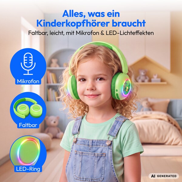 MEDION® LIFE HE-1 Kids Bluetooth Kinderkopfhörer, 3-stufiger Gehörschutz, bis zu 85 Std. Akkulaufzeit, MP3-Player, Bluetooth 5.4, AUX & microSD, LED-Lichtring, austauschbare Designs