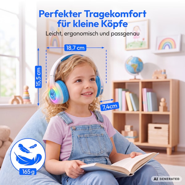 MEDION® LIFE HE-1 Kids Bluetooth Kinderkopfhörer, 3-stufiger Gehörschutz, bis zu 85 Std. Akkulaufzeit, MP3-Player, Bluetooth 5.4, AUX & microSD, LED-Lichtring, austauschbare Designs