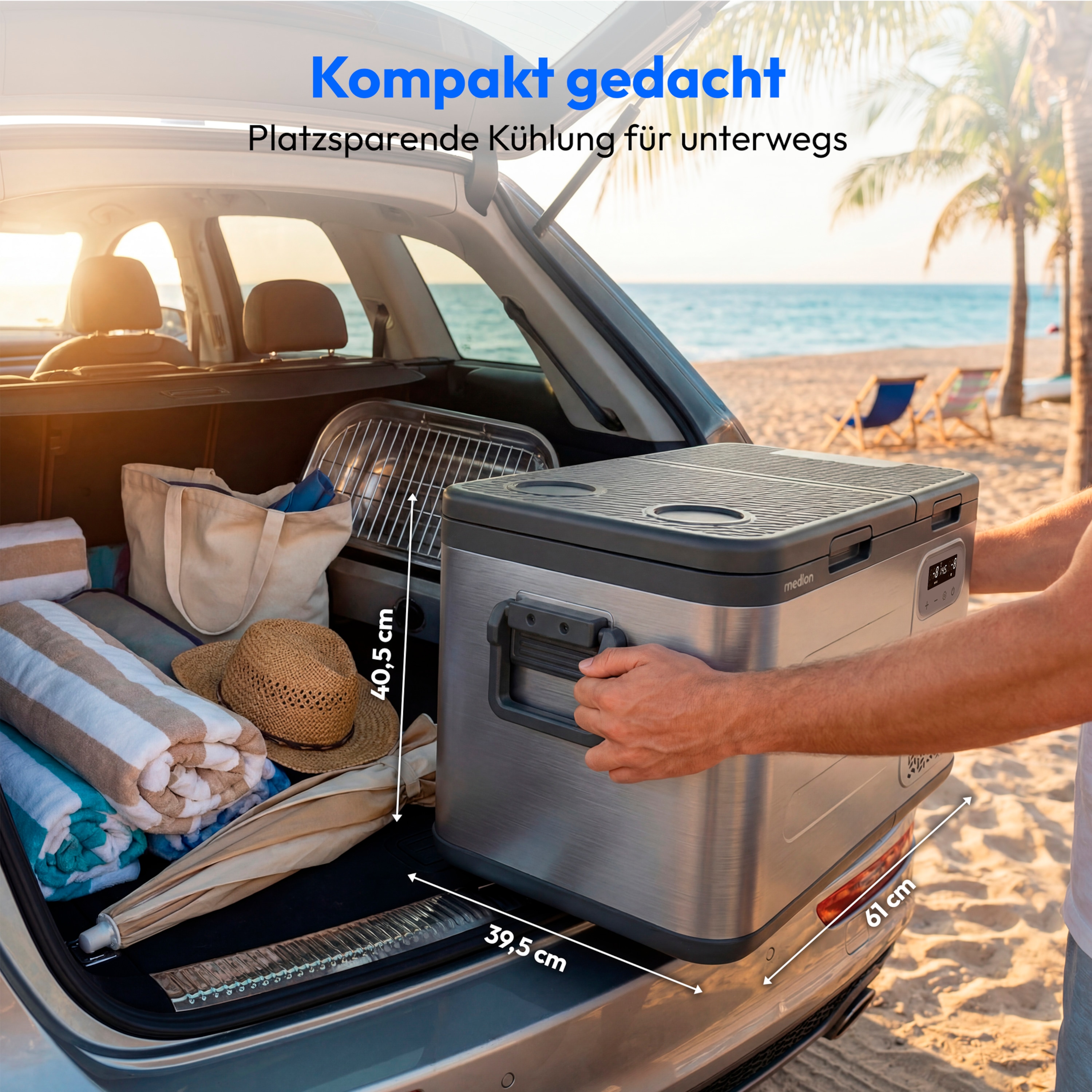 MEDION® LIFE Kompressor Kühlbox MD370026, Duale Kühlzonen bis −20 °C, 36 L Kapazität, 12 V 24 V 230 V, Aluminium Design