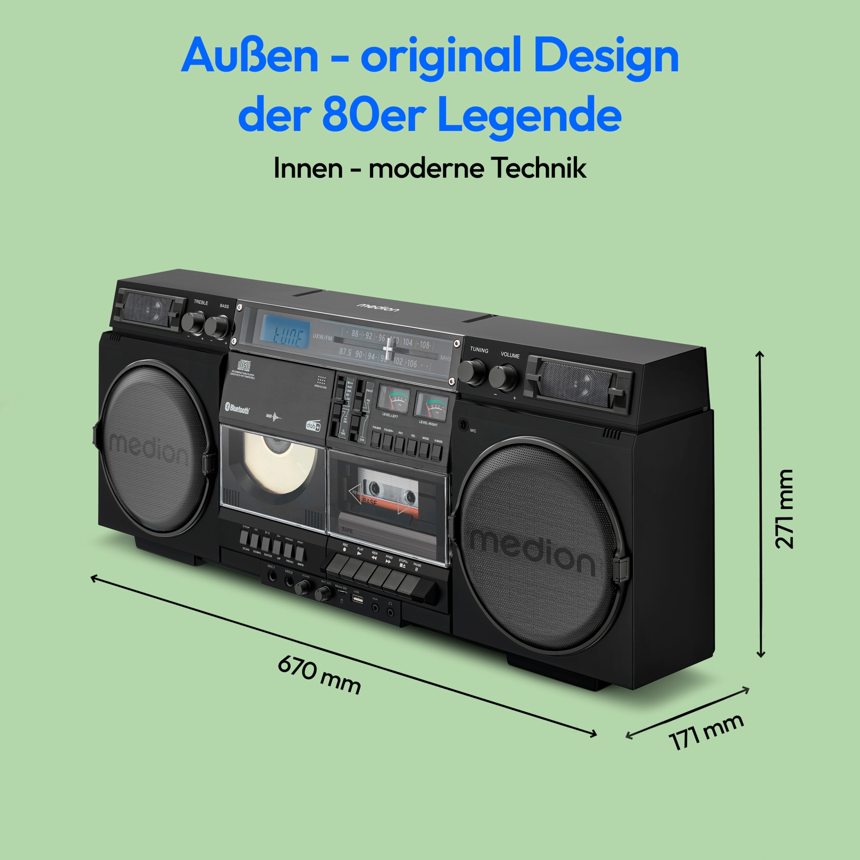 MEDION® LIFE® P66538 Retro-Boombox, DAB+/PLL-UKW Radio, Bluetooth® 5.3 für das Abspielen von Smartphone & Co, CD-Player, Kassettendeck, X-Bass Funktion, 2 x 10 W RMS