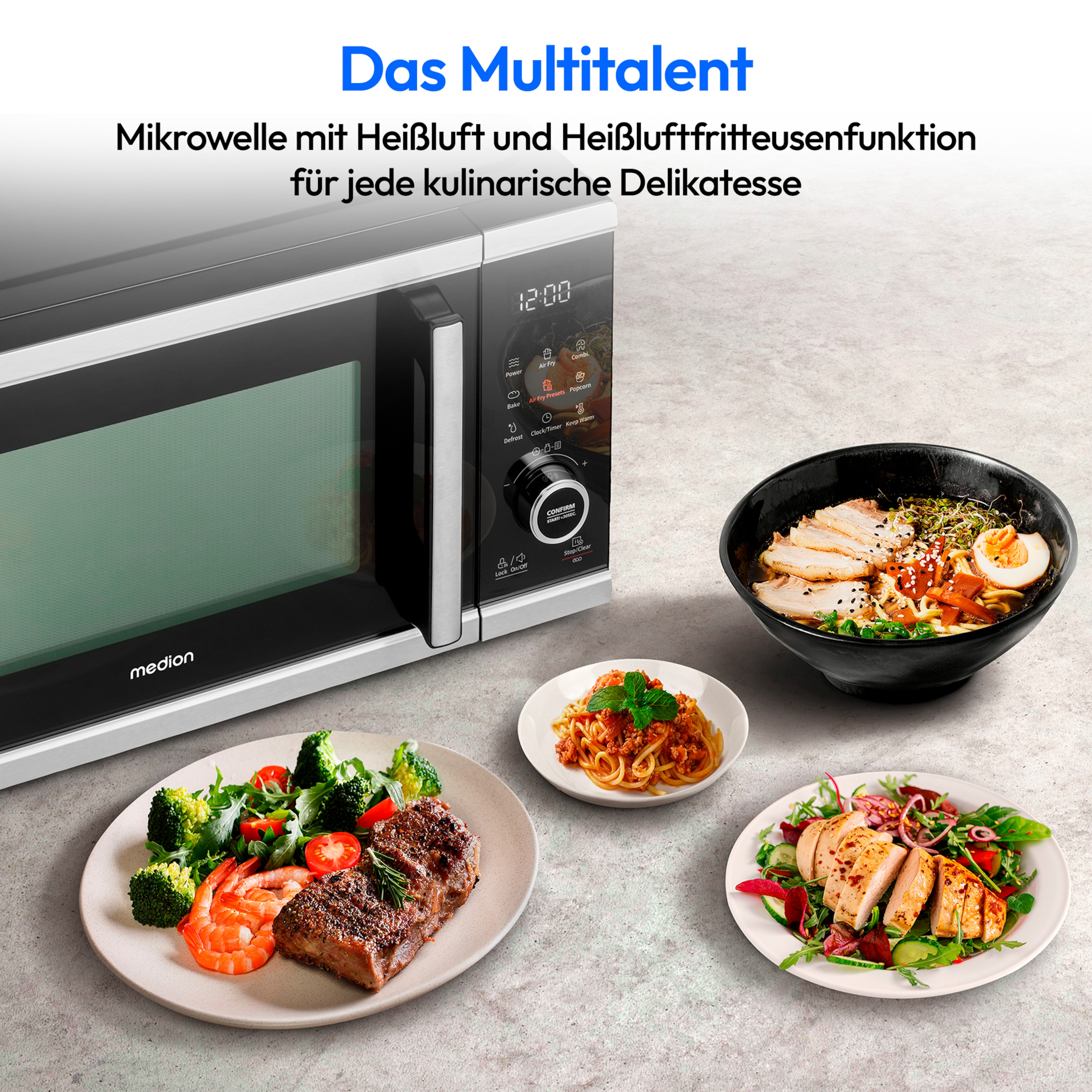 MEDION® LIFE® Mikrowelle mit Heißluft- fritteusen- funktion  MD 11499, 3in1 Mikrowelle, 25 L Garinnenraum, 900 W Mikrowellenleistung, 9 Automatikprogramme