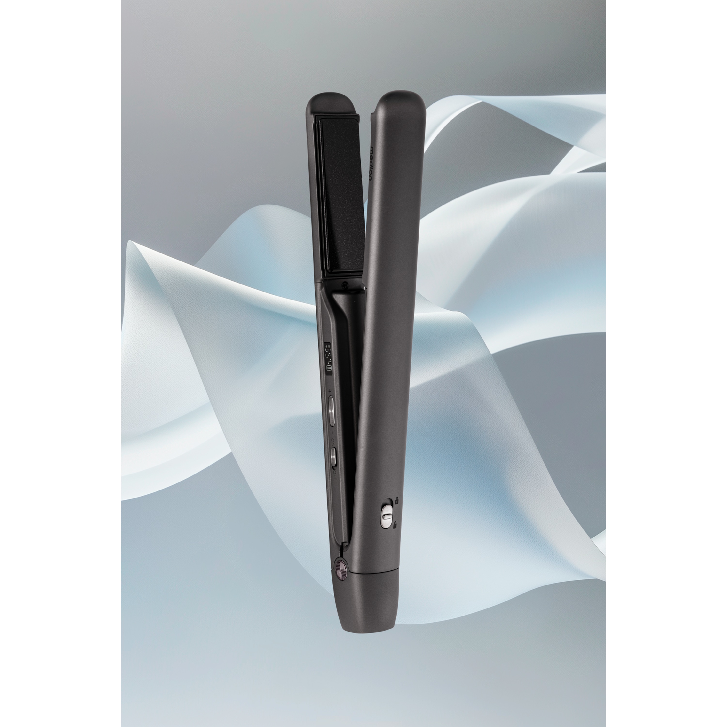 MEDION® LIFE HS2 kabelloses Glätteisen, flexible Keramik-/Turmalin Heizplatten mit Temperatursensor, Display mit Temperatur- und Akkuanzeige, 5 regelbare Hitzestufen (165° - 210°)