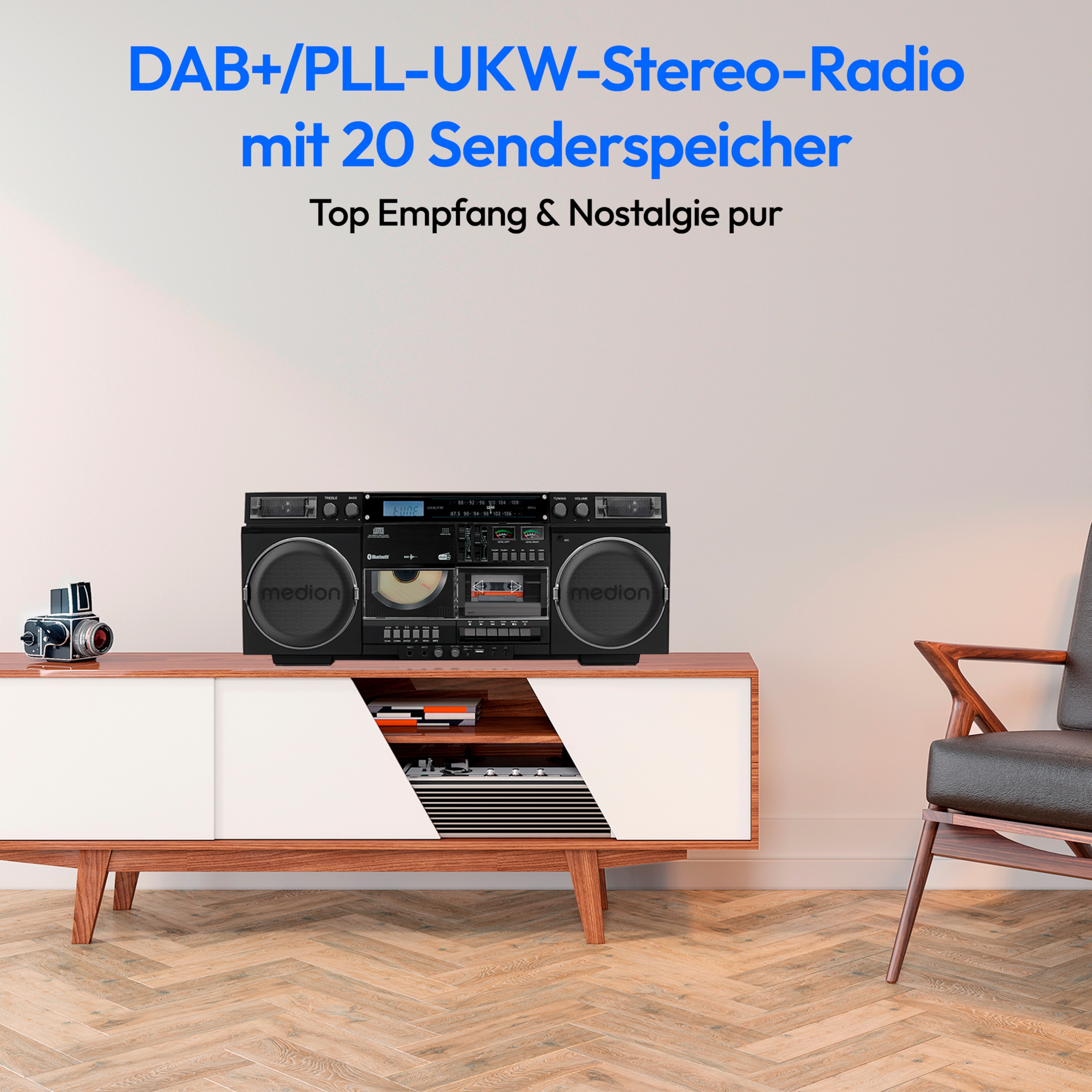 MEDION® LIFE® P66538 Retro-Boombox, DAB+/PLL-UKW Radio, Bluetooth® 5.3 für das Abspielen von Smartphone & Co, CD-Player, Kassettendeck, X-Bass Funktion, 2 x 10 W RMS