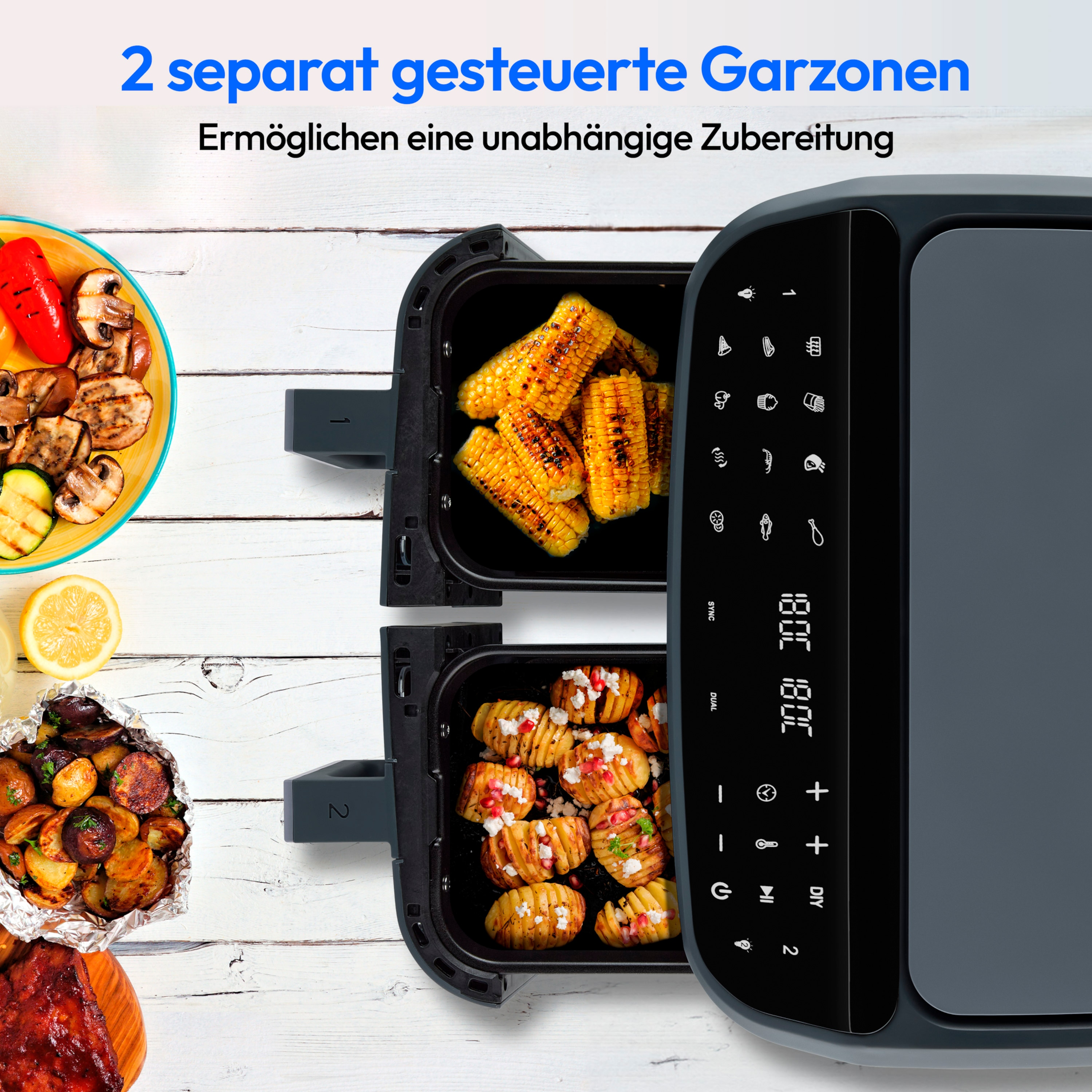 MEDION® LIFE® P20 XXL Twin Doppelzonen-Heißluftfritteuse MD 11760 matt grau, 100 Rezepte in der Life+ App, 2 separate Garzonen, 9 Automatikprogramme, 8,7 L Gesamt-Nutzinhalt, 2.600 Watt, Temperatur einstellbar bis 200 °C