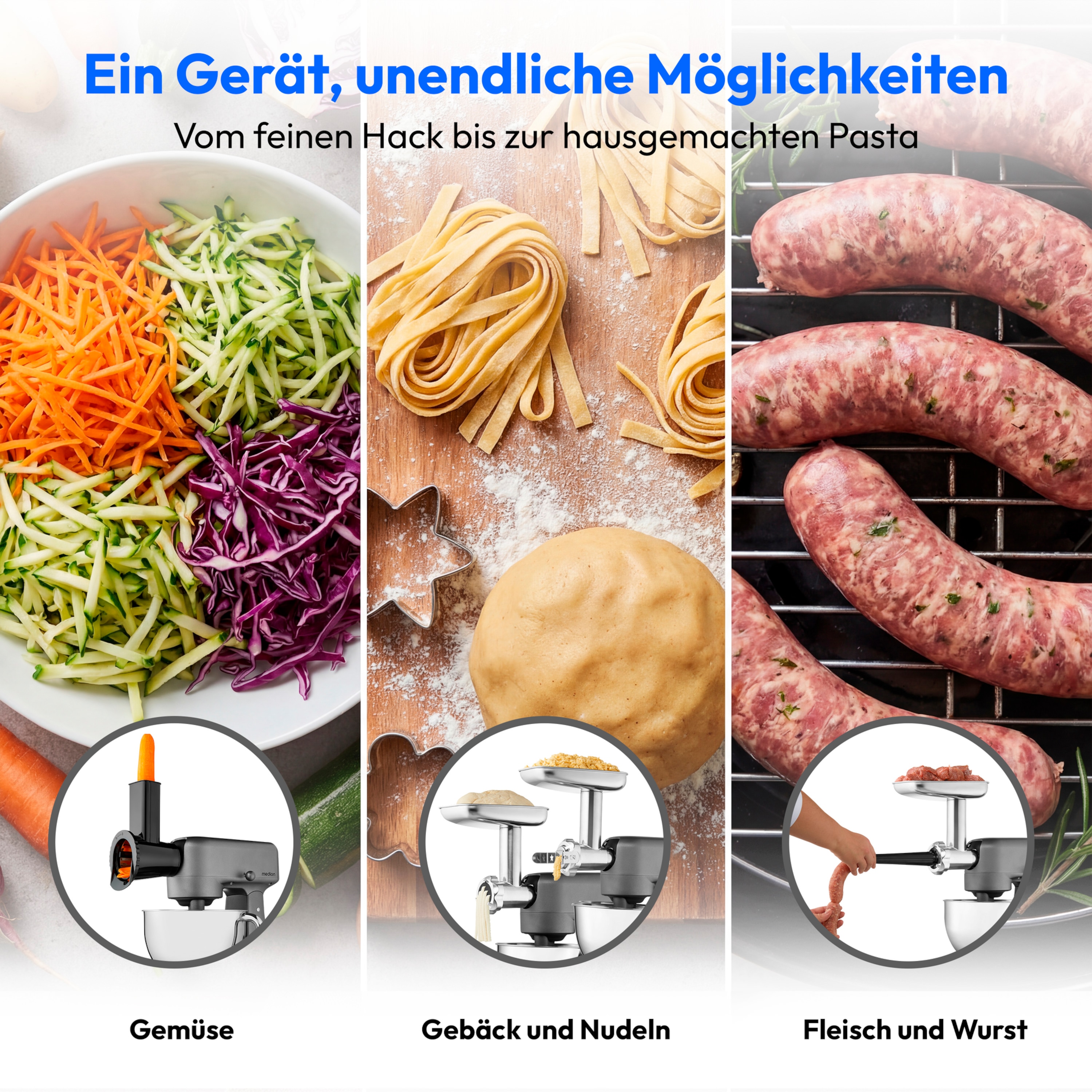 MEDION® LIFE Digitale Küchenmaschine MD12600 titan, 800 W Gleichstrommotor, Energiesparend, Ultraleise, Digitales Sensor-Touch-Display, 4,6 L Edelstahlschüssel, Inkl. Fleischwolf