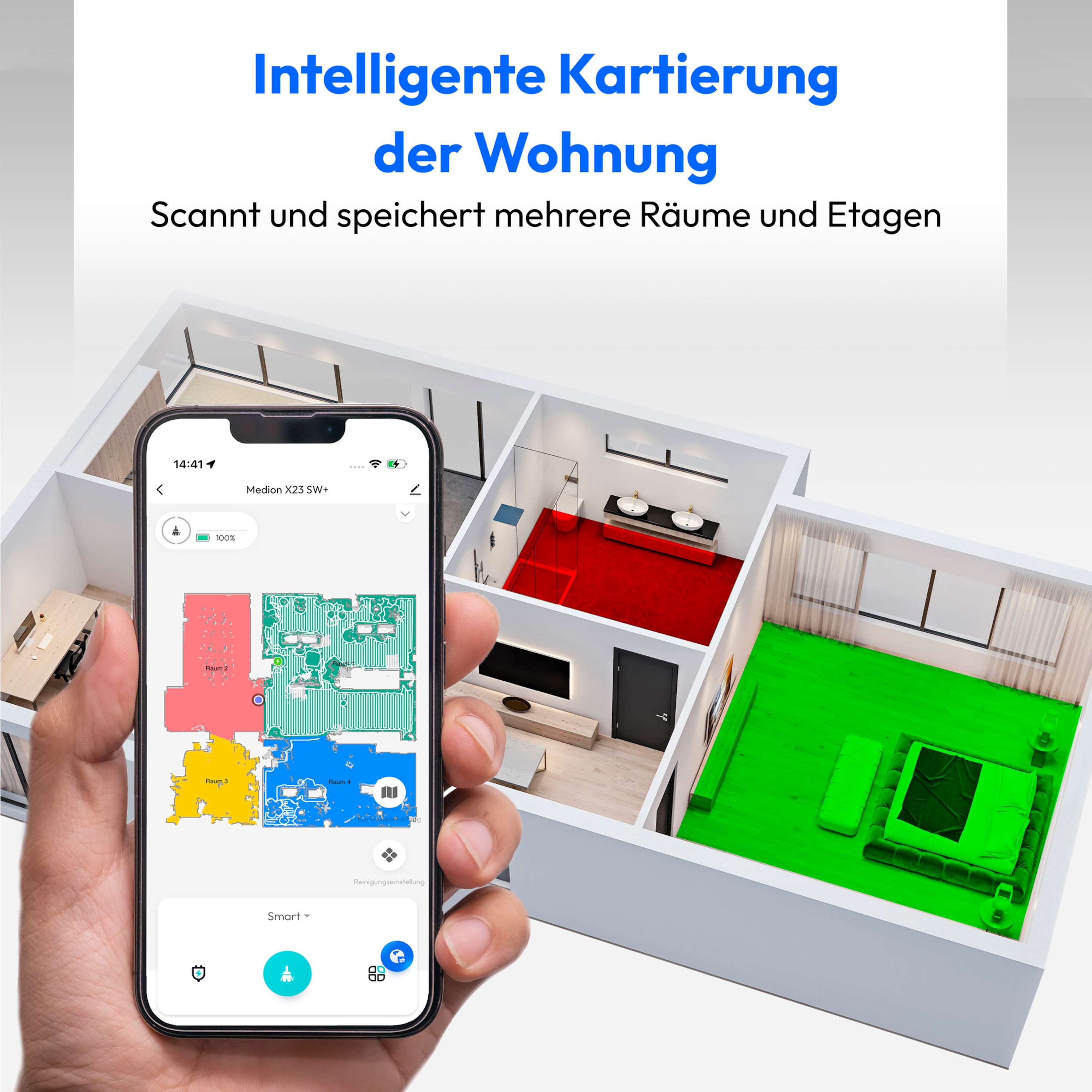 MEDION® Saugroboter mit Absaugstation X23 SW+, Wischfunktion, Lasernavigation, 5.000 Pa Saugkraft, No Go & Go Bereiche, präzise Kartenerstellung, mehrere Etagen, App-Steuerung