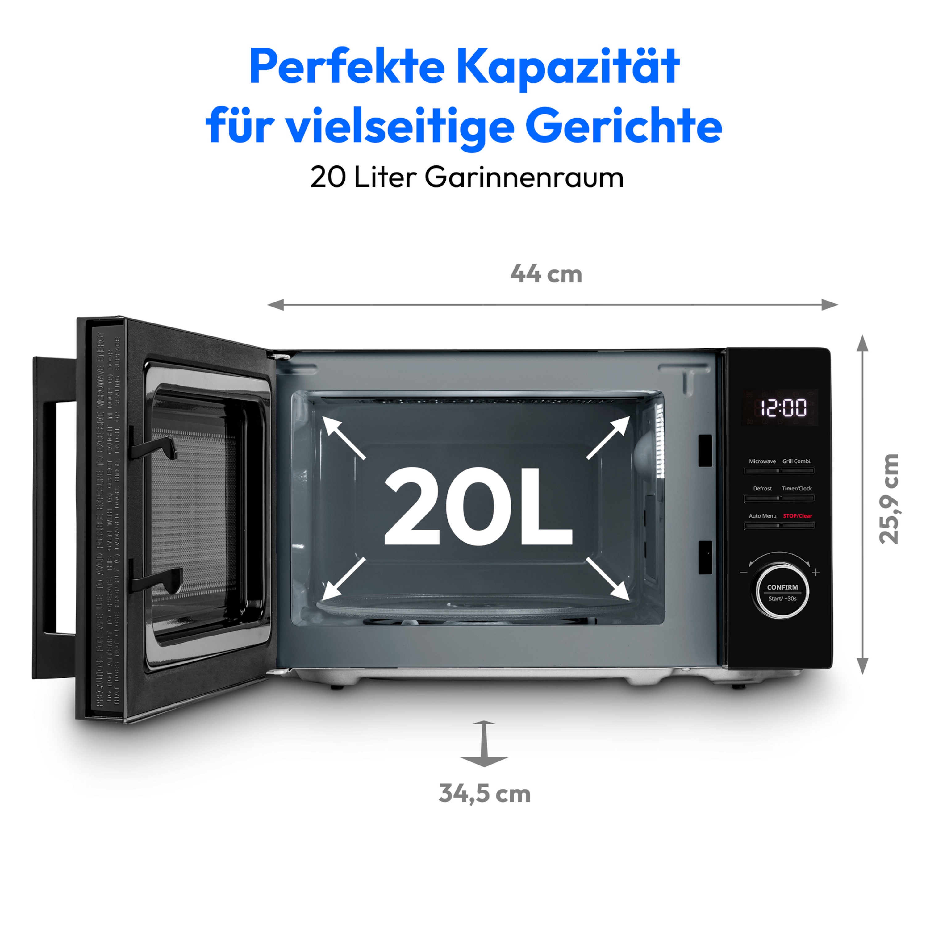 MEDION® LIFE® 2 in 1 Mikrowelle MD12021, 800 Watt Mikrowellenleistung, 1000 Watt Grillleistung, 9 Automatikprogramme, 20 L Kapazität, 5 Leistungsstufen, digitaler 95 min. Timer, Auftaufunktion