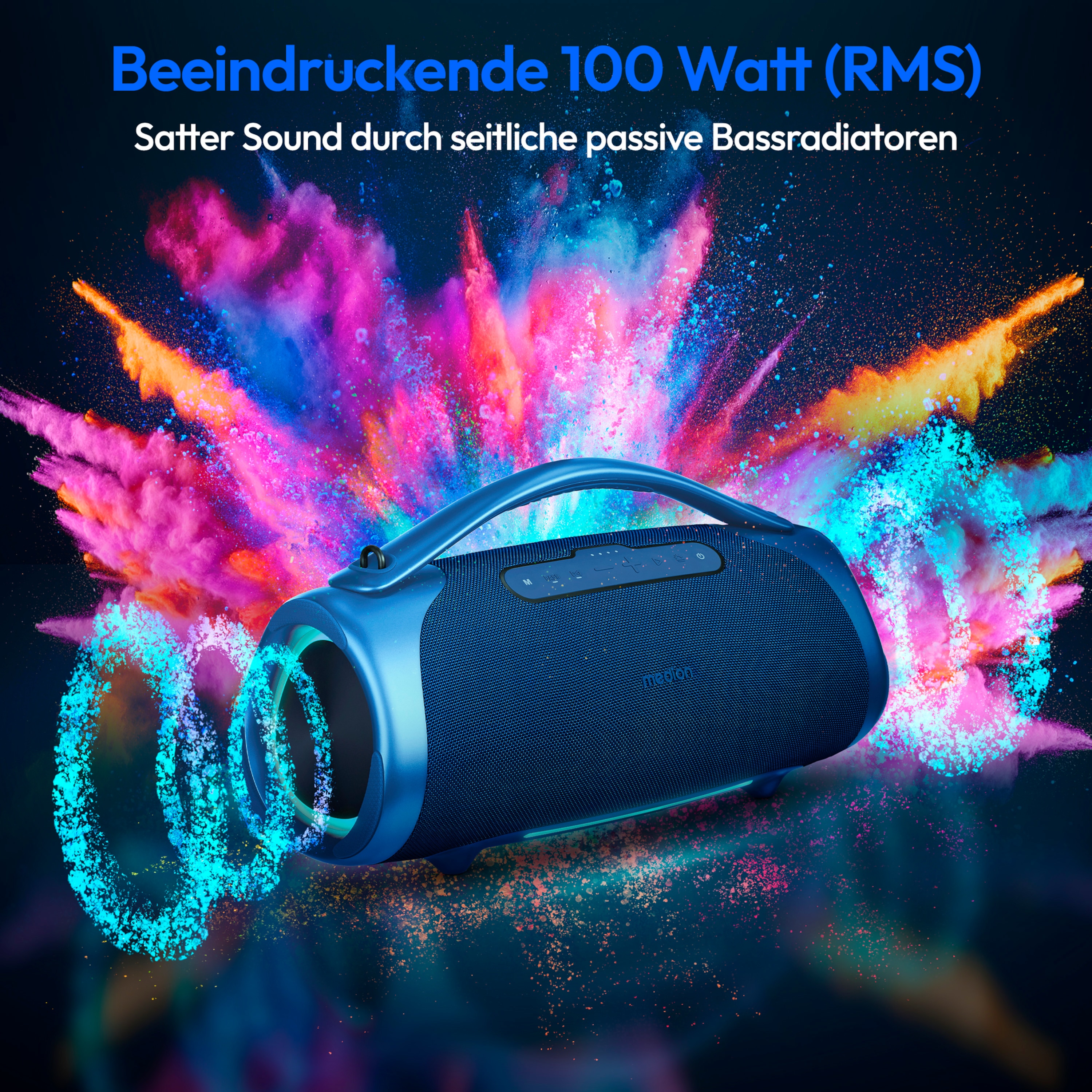 MEDION® LIFE® P61768 Tragbarer Bluetooth® Lautsprecher XL, Dual Illuminated & Lightstrip (RGB-Lichteffekte), Bluetooth® 5.3, integrierter Akku mit bis zu 30 Stunden Laufzeit, robustes & mobiles Design, 2 x 25 W + 50 W RMS