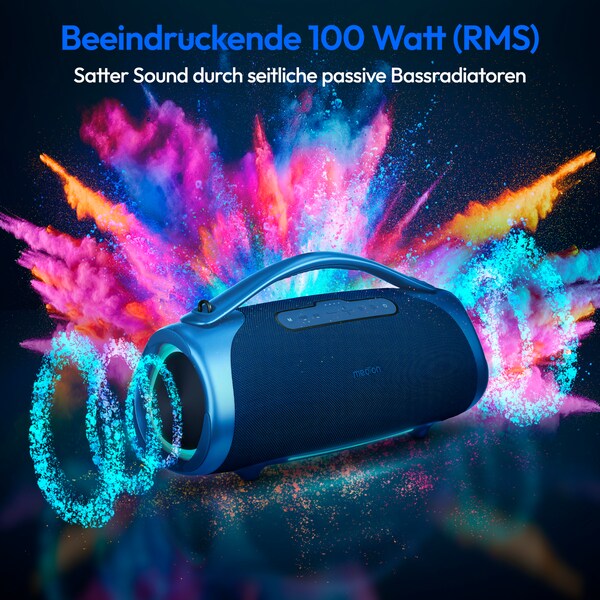 MEDION® LIFE P61768 Tragbarer Bluetooth® Lautsprecher XL blau, Dual Illuminated & Lightstrip (RGB-Lichteffekte), Bluetooth® 5.3, integrierter Akku mit bis zu 30 Stunden Laufzeit, robustes & mobiles Design, 2 x 25 W + 50 W RMS