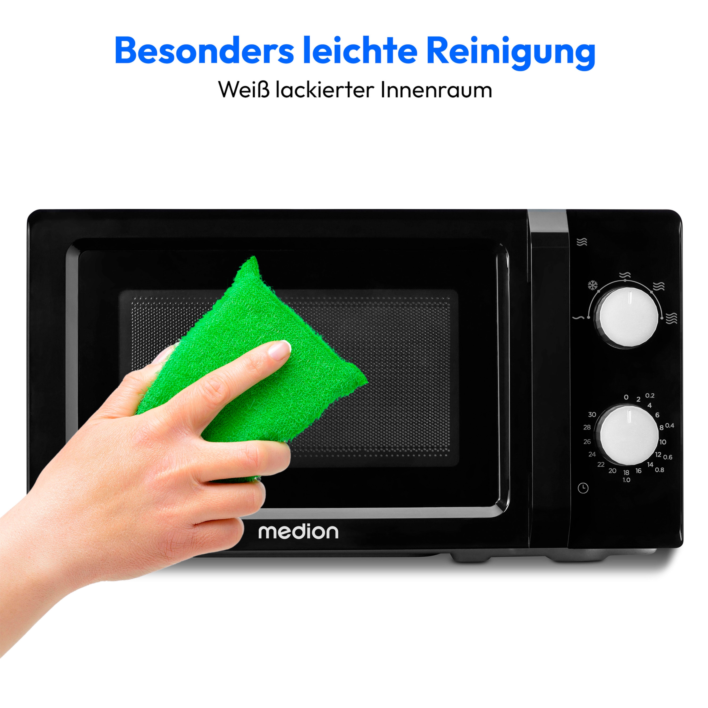 MEDION® LIFE® Mikrowelle MD 11475, 700 W Leistung, 20 L kompakt, 5 Mikrowellenstufen, Auftaufunktion, Timerfunktion