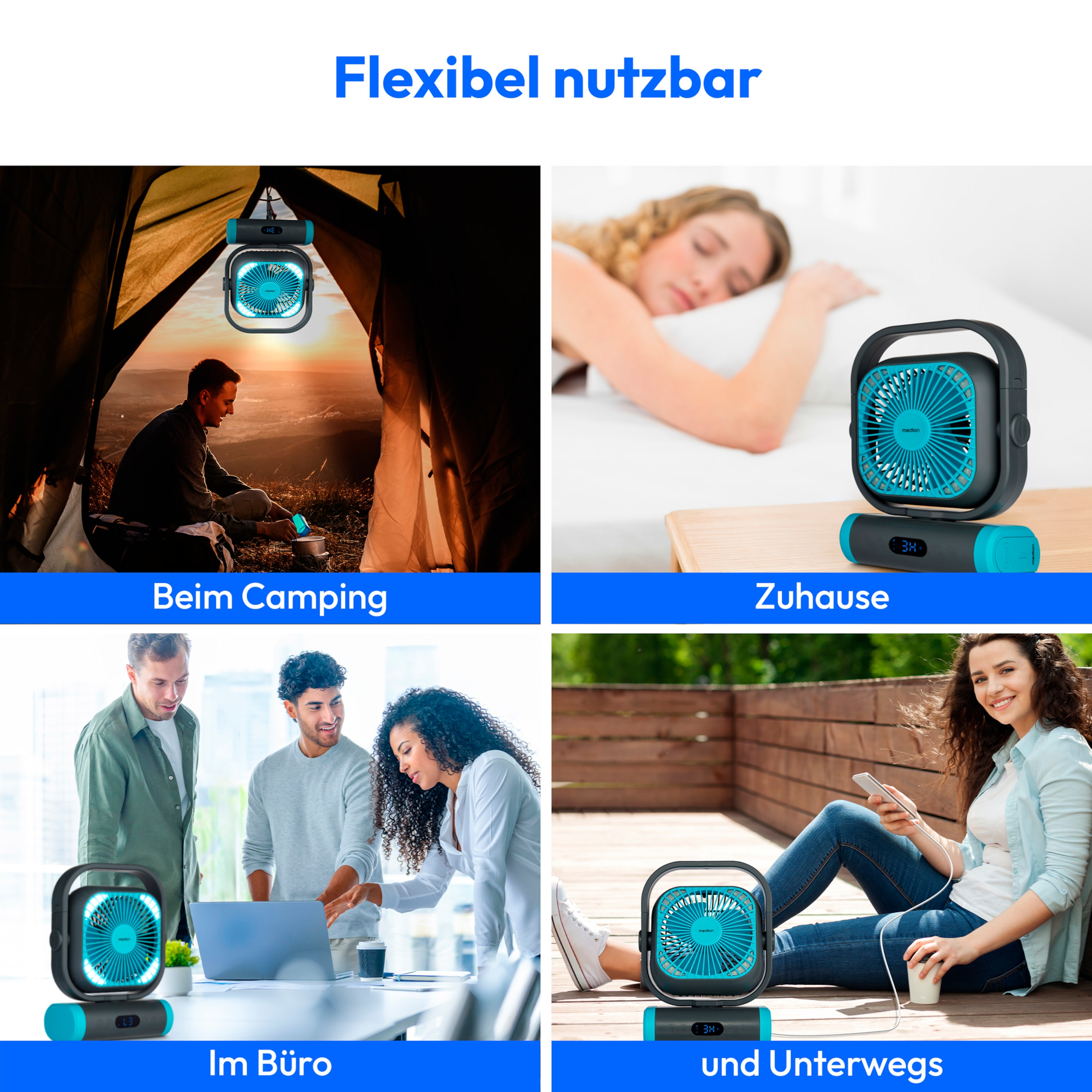 MEDION® LIFE Camping Ventilator E10 TF, 20 W Leistung, 5 Geschwindigkeitsstufen, 110° Oszillation, 10.000 mAh Akku, als Powerbank nutzbar, LED