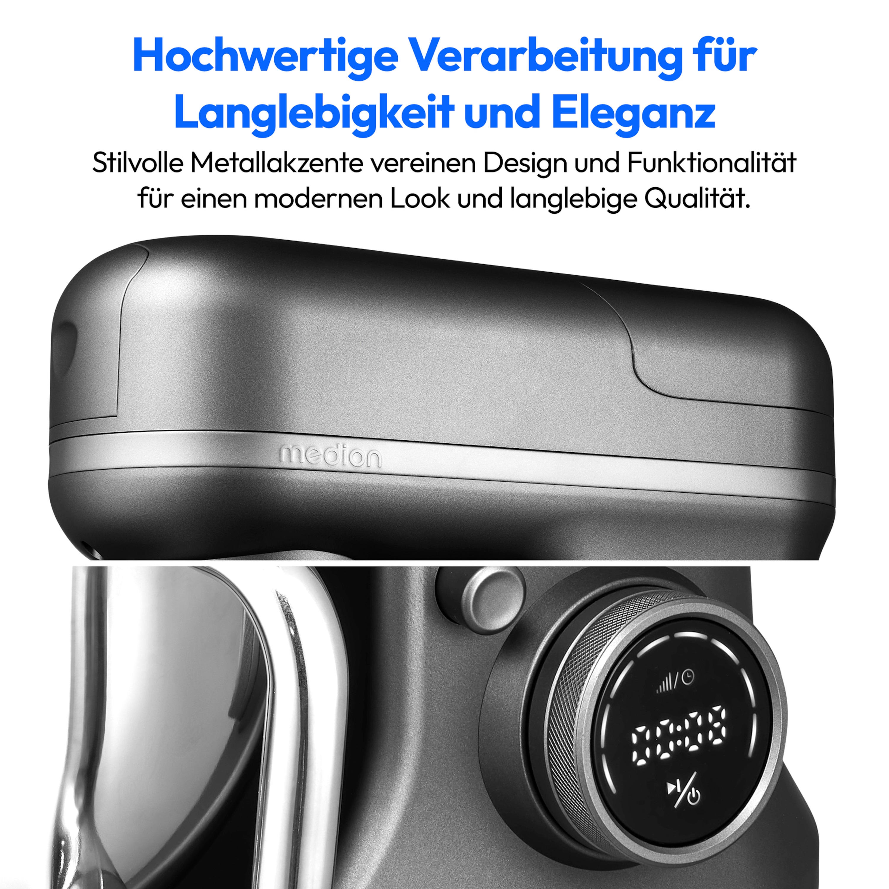 MEDION® LIFE® 3-in-1 Digitale Küchenmaschine MD18430, 1.200 W, 8 Geschwindigkeitsstufen, Digitales Sensor-Touch-Display, umfangreiches Zubehör