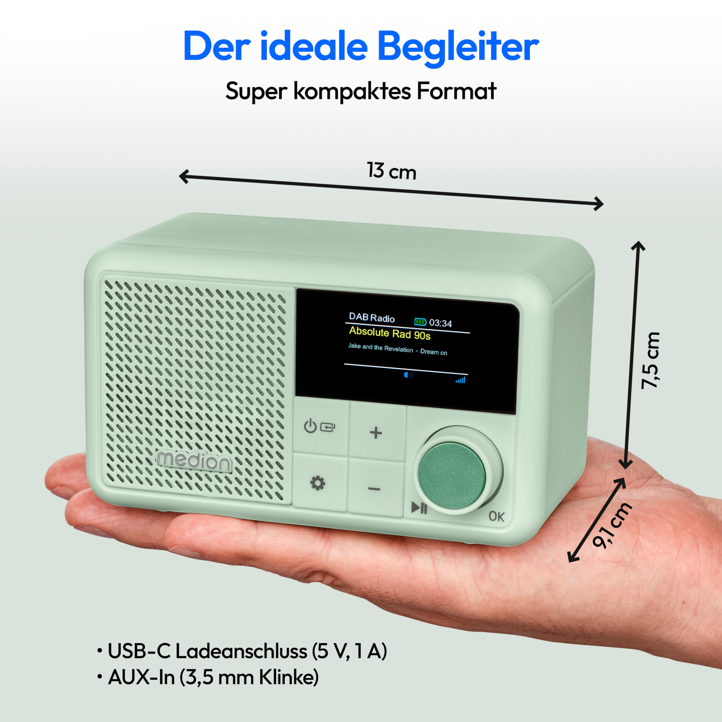 MEDION® LIFE® S66822 Tragbares DAB+ Radio, Farb-TFT Display 3,73 cm (1,47''), DAB+/UKW-Radio (je 40 Senderspeicher), Bluetooth® 5.3, integrierter Akku, extra kompakt, 2 W RMS