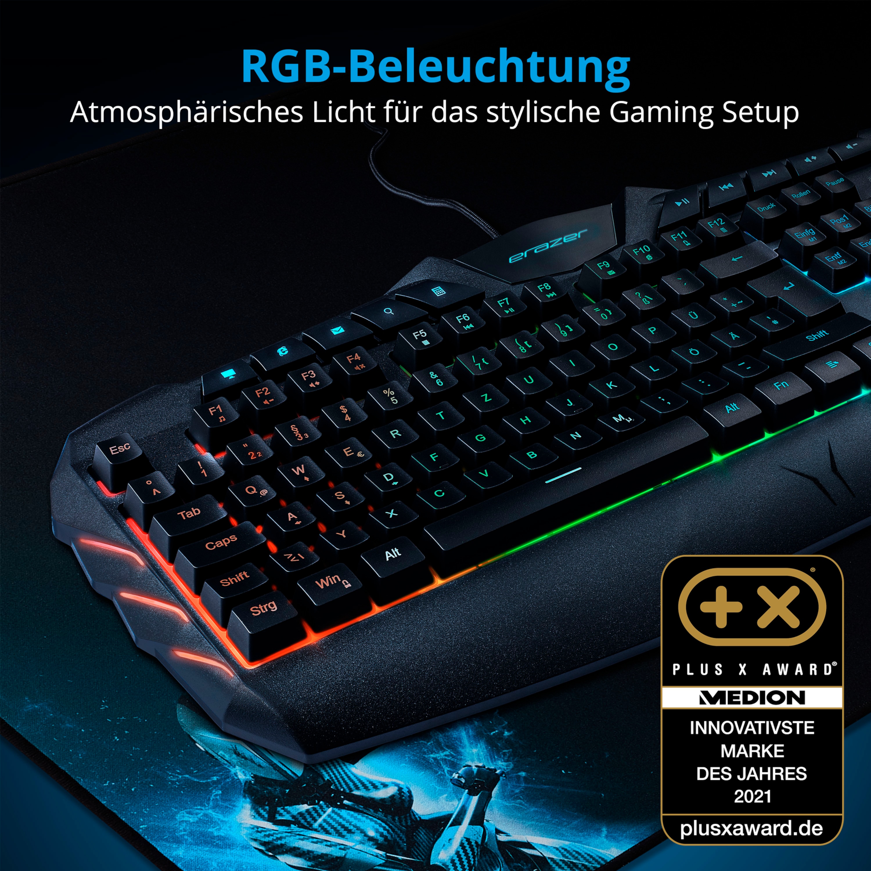 MEDION® ERAZER Supporter P11 Gaming Tastatur mit halbmechanischen Tasten, Hintergrundbeleuchtung, 25 Anti Ghosting Tasten, hochwertiges Tastaturgehäuse