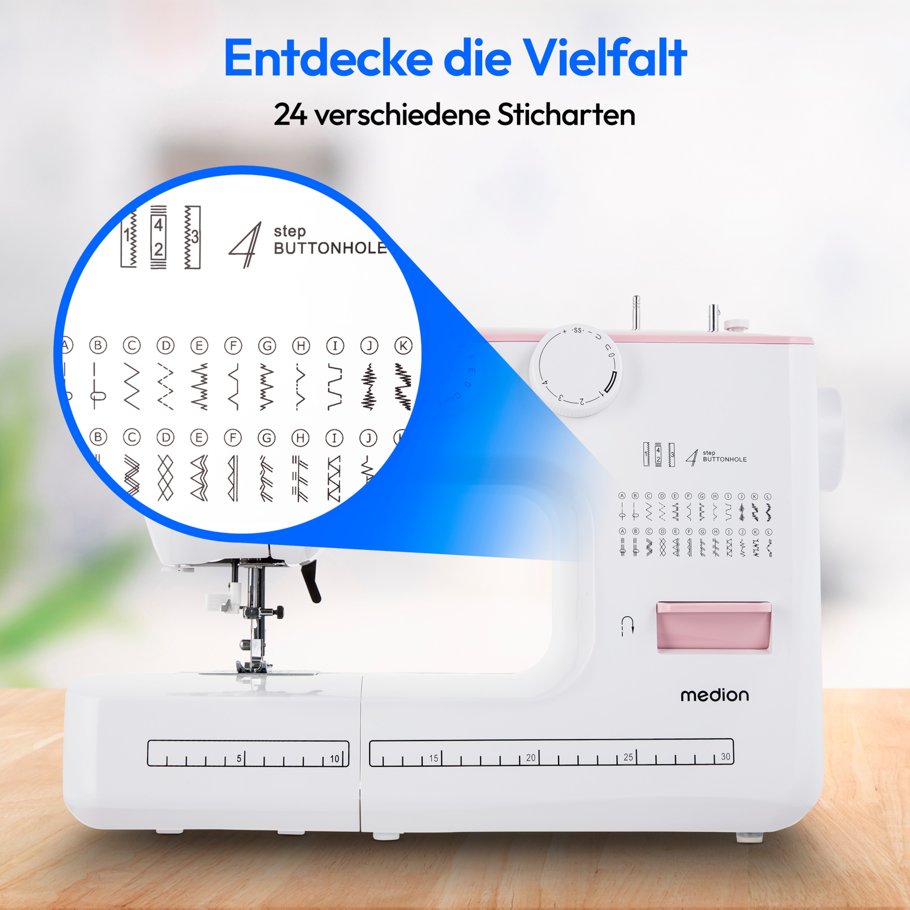 MEDION® LIFE® Freiarm-Nähmaschine SM60 (MD10689), einstellbare Stichlänge und Stichbreite, automatischer Einfädler, 60 verschiedene Stichmuster, integriertes Zubehörfach, 60 Watt Motorleistung