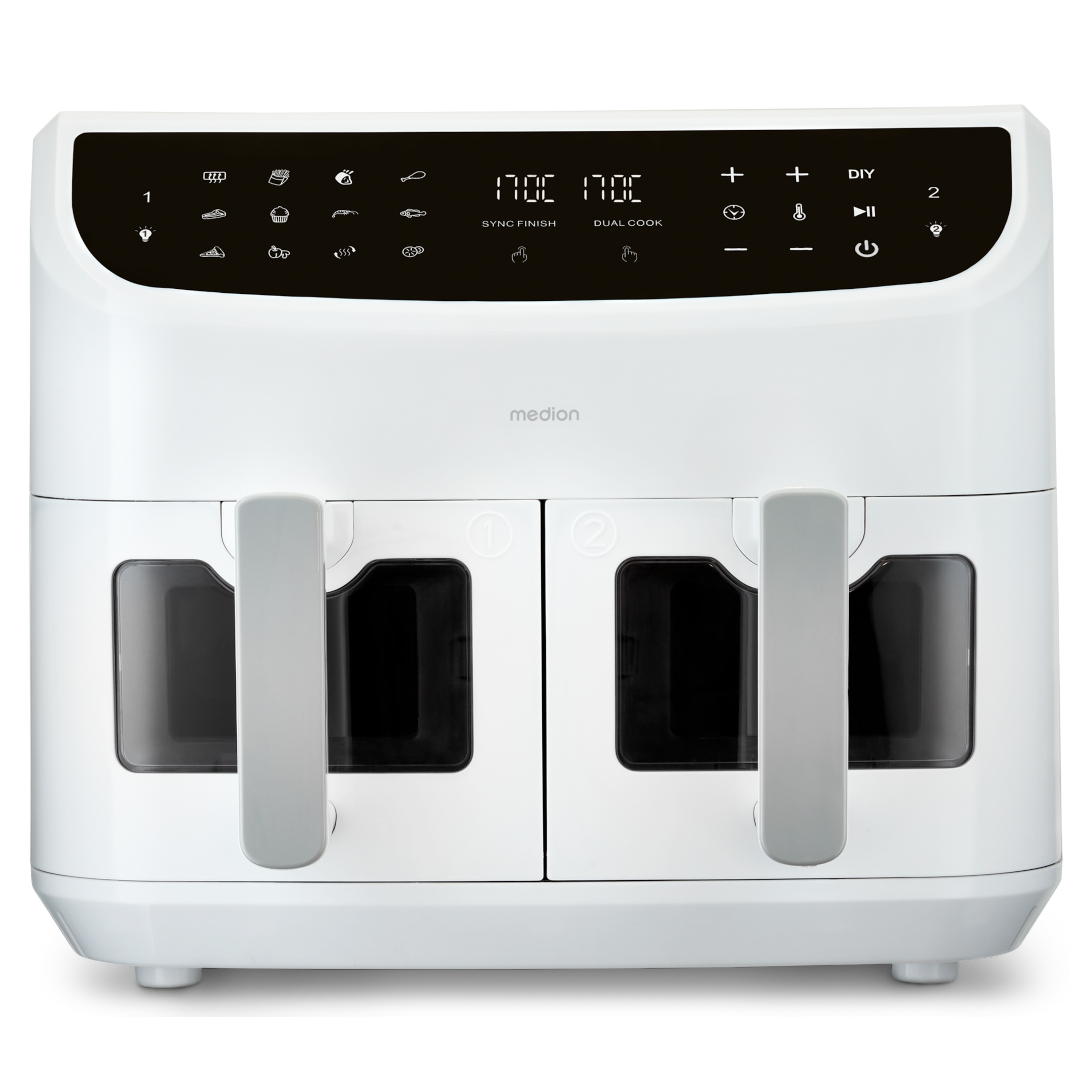 MEDION® LIFE® P20 XXL Twin Doppelzonen-Heißluftfritteuse MD 11760, 100 Rezepte in der Life+ App, 2 separate Garzonen, 9 Automatikprogramme, 8,7 L Gesamt-Nutzinhalt, 2.600 Watt, Temperatur einstellbar bis 200 °C