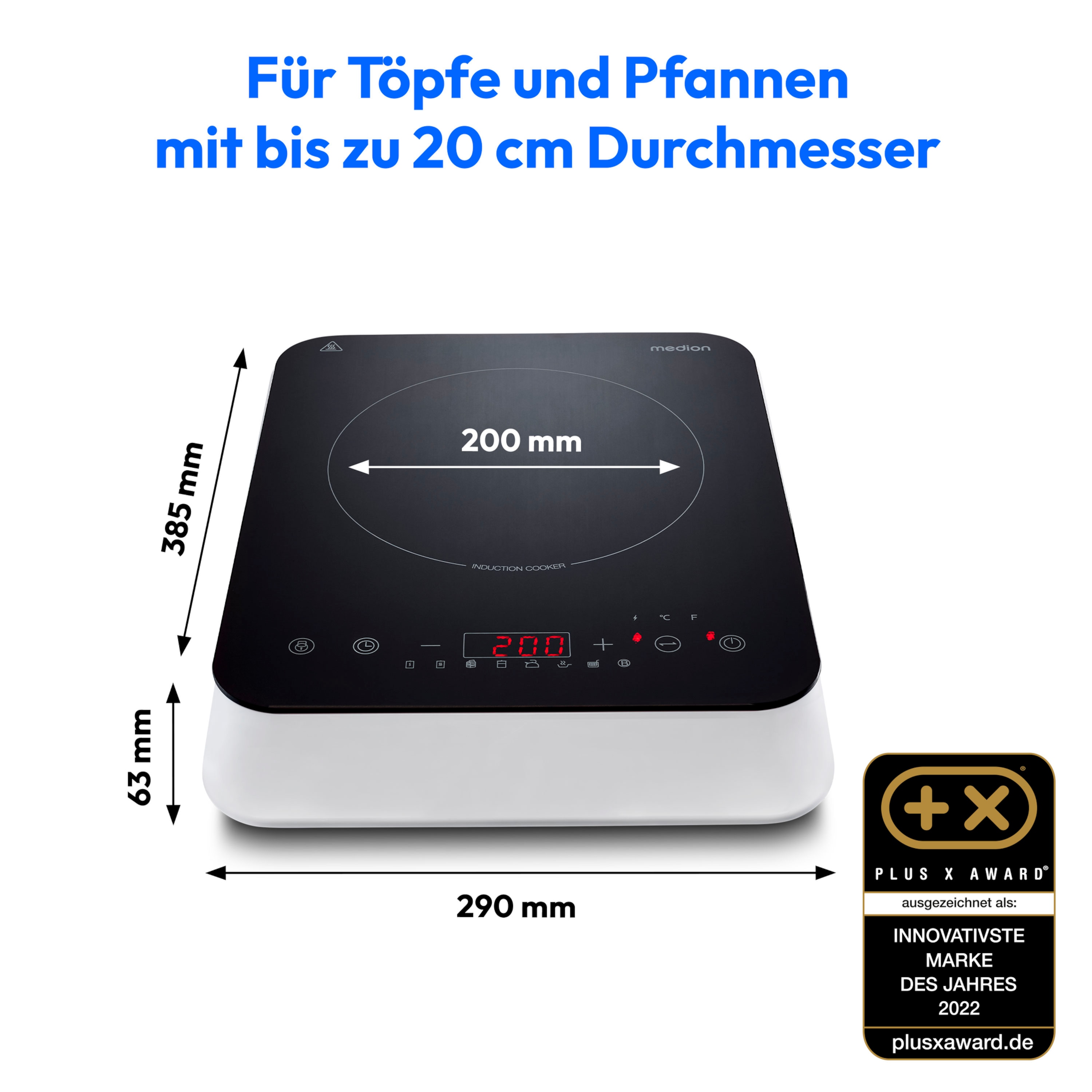 MEDION® LIFE® Induktions- kochplatte   MD 18490, 2000 Watt Induktionsleistung, 8 Automatikprogramme, automatische Topferkennung
