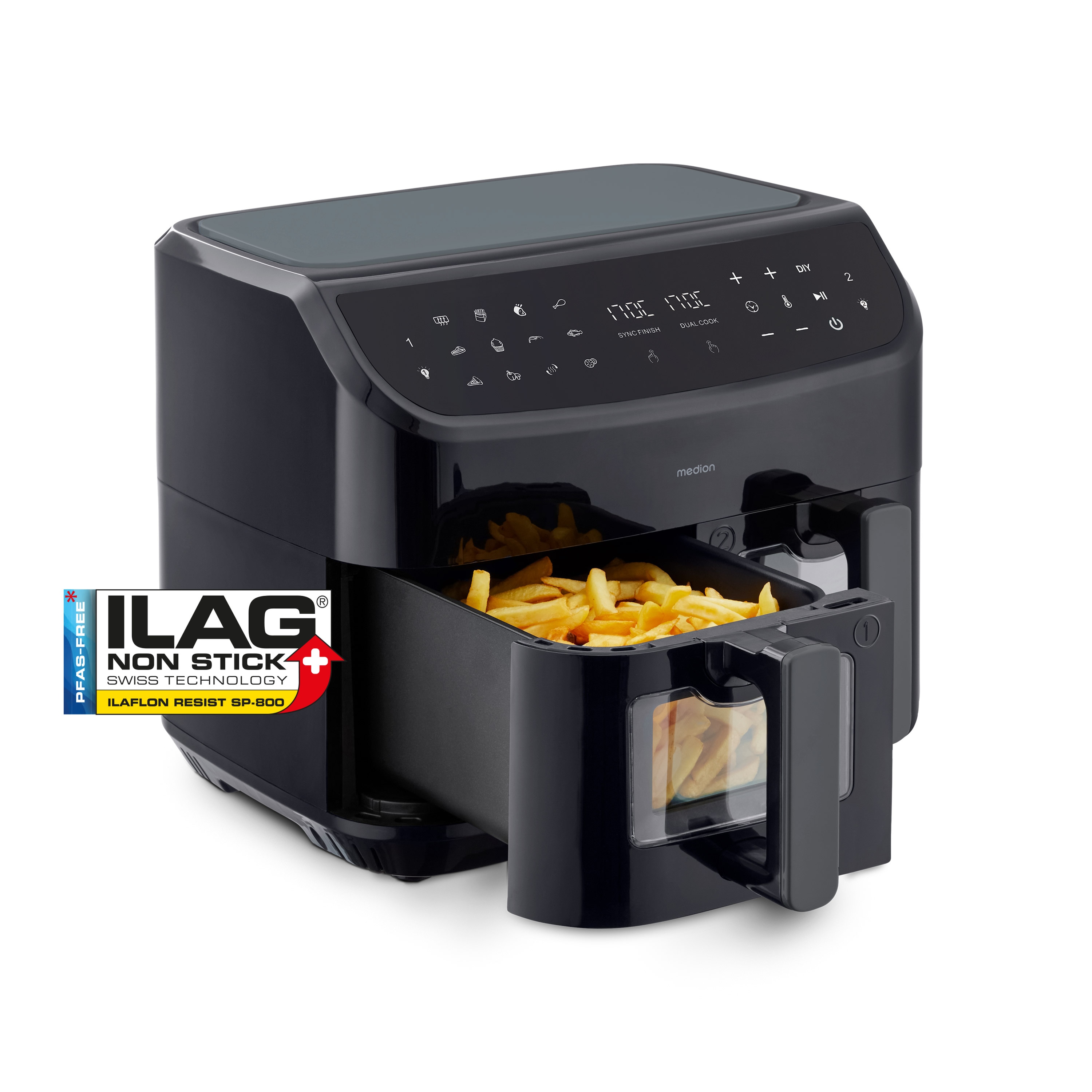 MEDION® LIFE® P20 XXL Twin Doppelzonen-Heißluftfritteuse MD 11760, 100 Rezepte in der Life+ App, 2 separate Garzonen, 9 Automatikprogramme, 8,7 L Gesamt-Nutzinhalt, 2.600 Watt, Temperatur einstellbar bis 200 °C
