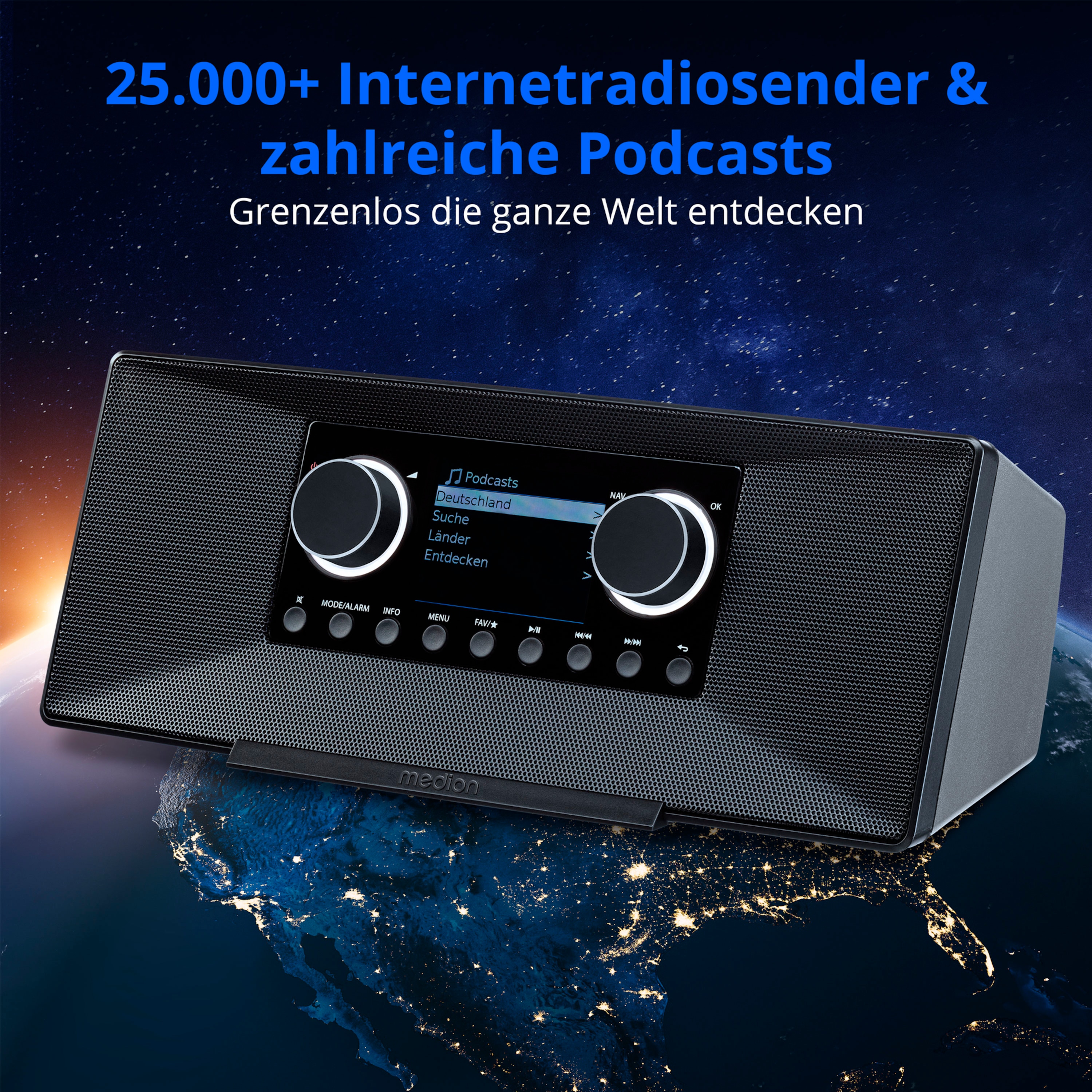 MEDION® LIFE® P85333 Stereo Internetradio, 7,1 cm (2,8'') TFT-Farbdisplay, über 25.000 Internet-Radiosender & viele Podcasts empfangen, DAB+/UKW Radio, Wecker, WLAN, Bluetooth®, Amazon Music, Spotify®-Connect, 2 x 6 W RMS