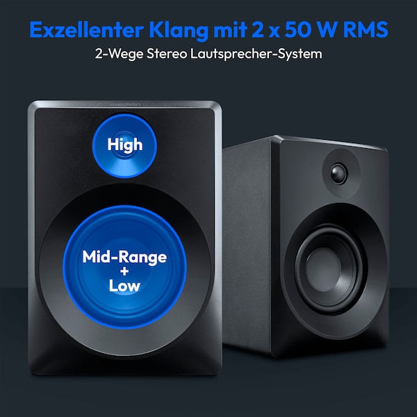 MEDION® LIFE P61925 Regallautsprecher, aktiver & passiver Lautsprecher, 2-Wege-System, Bluetooth® 5.0, Stereo-Sound mit integriertem Hochtöner und Subwoofer, 2 x 50 W RMS