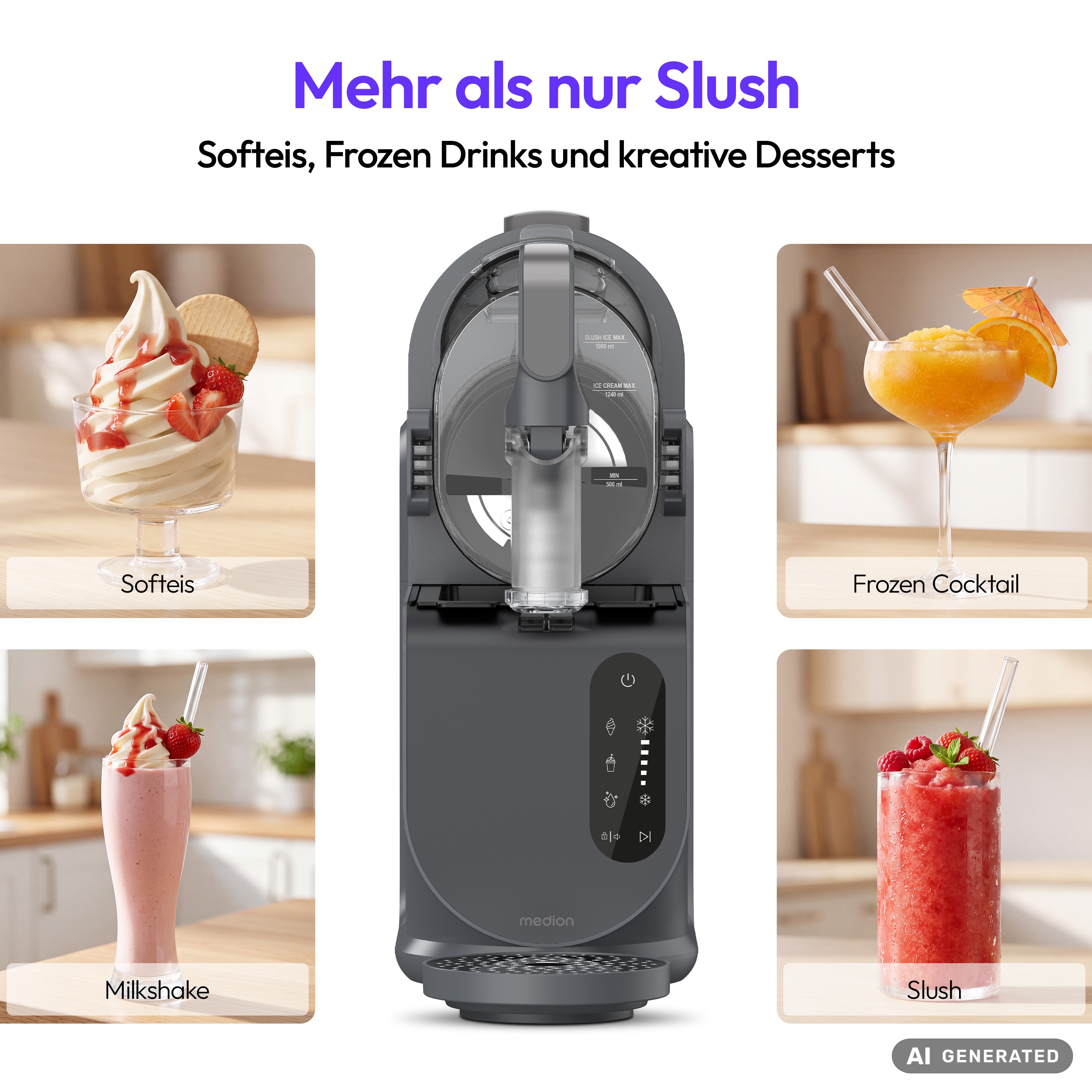 MEDION® LIFE Ice² 2-in-1 Slush- und Softeismaschine MD 100192, 2,6-Liter-Behälter, automatische Konsistenzerkennung, Touch-Bedienung, Kompressortechnologie, Selbstreinigung
