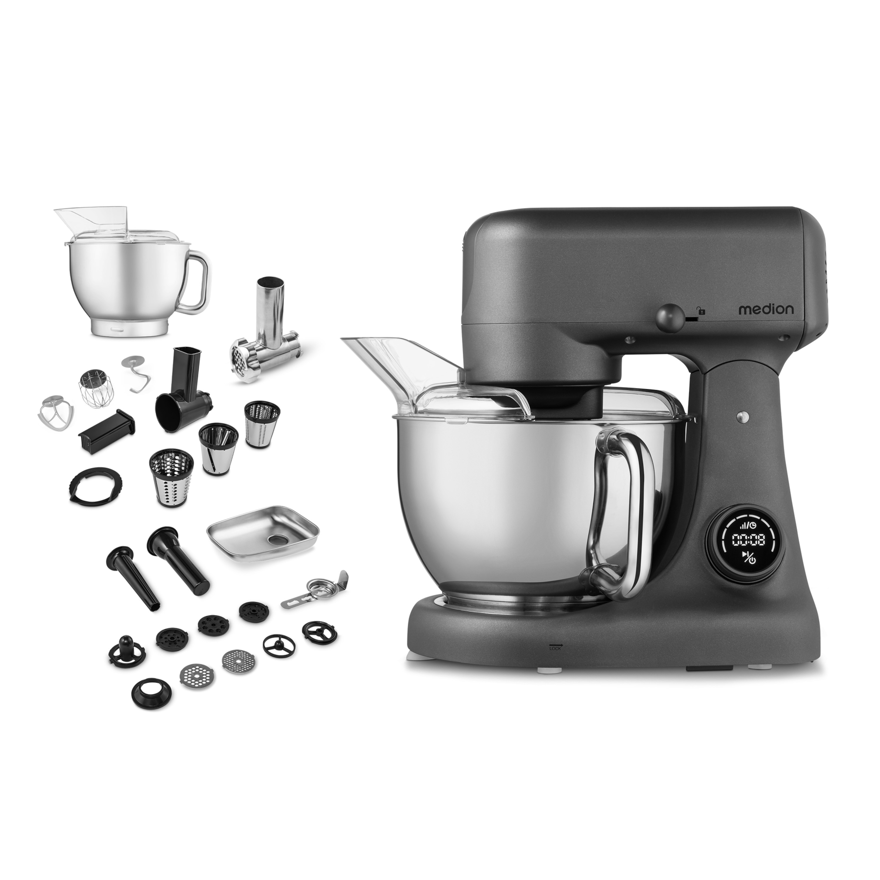 MEDION® LIFE Digitale Küchenmaschine MD12600, 800 W Gleichstrommotor, Energiesparend, Ultraleise, Digitales Sensor-Touch-Display, 4,6 L Edelstahlschüssel, Inkl. Fleischwolf