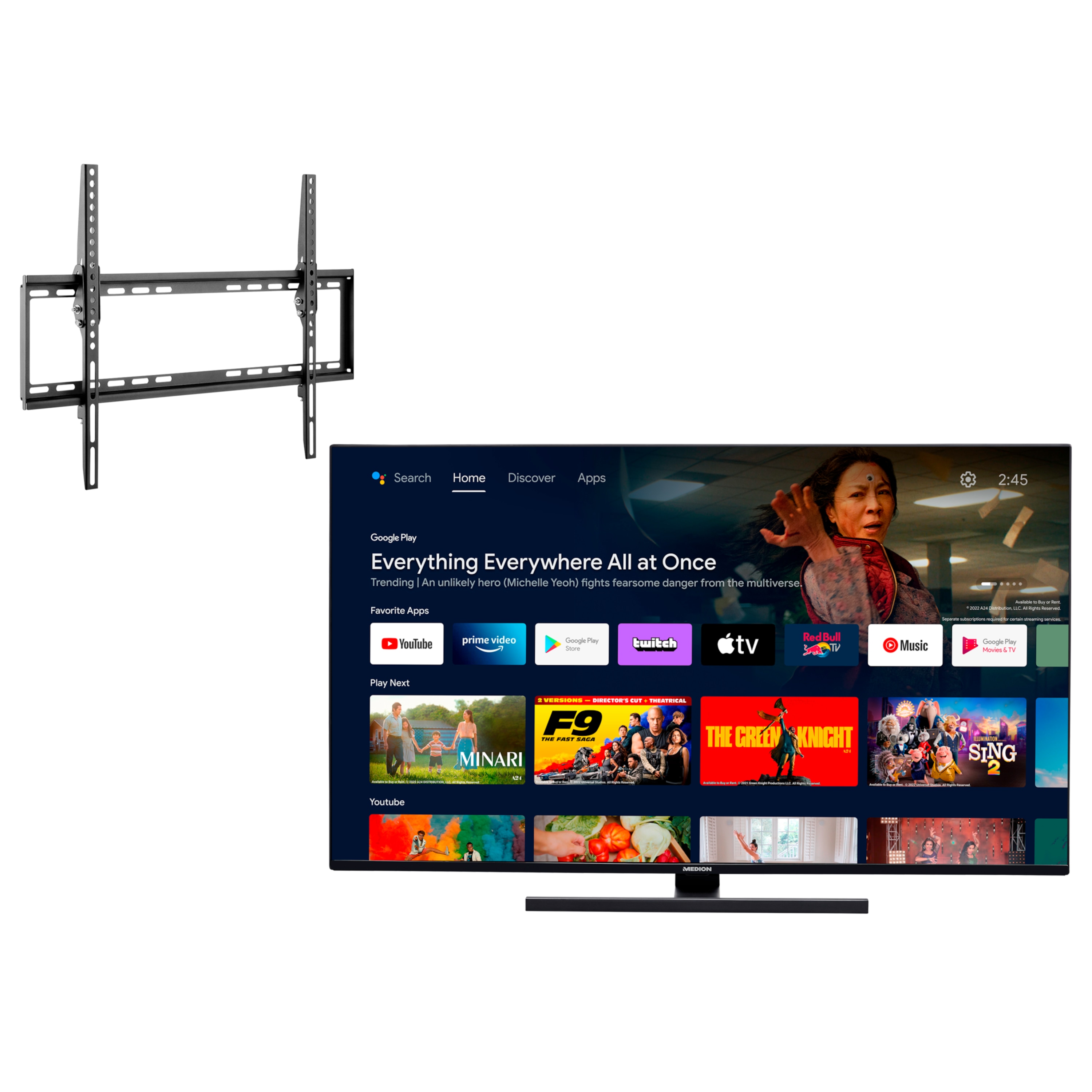 MEDION® LIFE® X16518 (MD 30062) QLED Android TV, 163,9 cm (65'') Ultra HD Smart-TV inkl. Wandhalterung Tilt Basic - ARTIKELSET