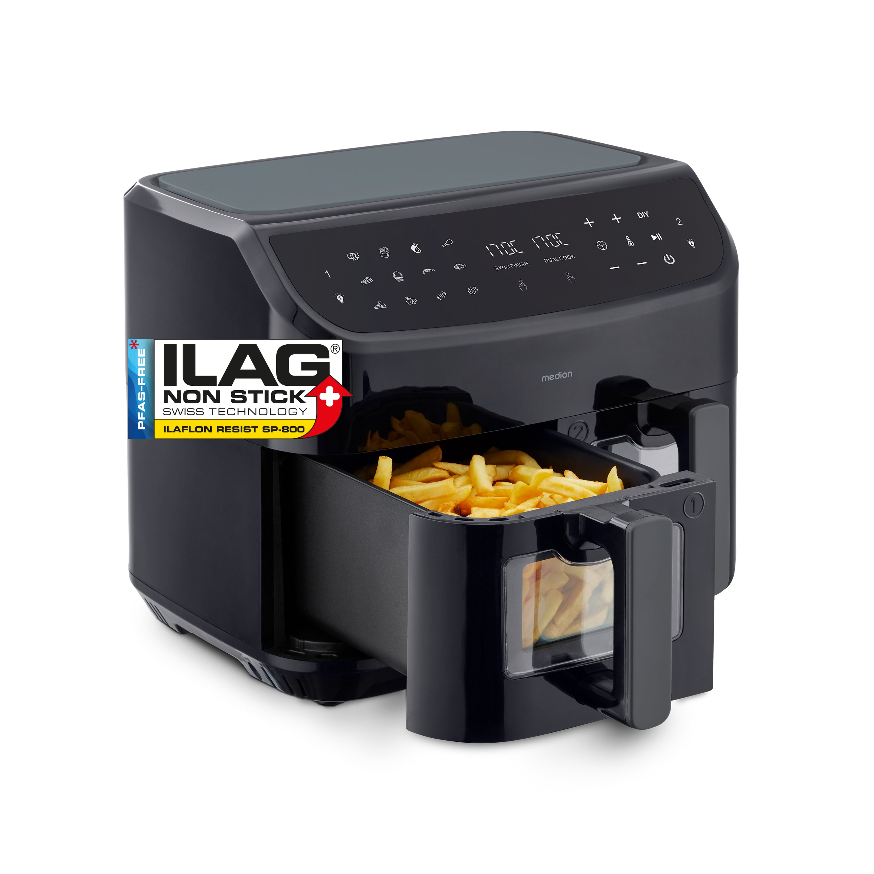 MEDION® LIFE® P20 XXL Twin Doppelzonen-Heißluftfritteuse MD 11760, 100 Rezepte in der Life+ App, 2 separate Garzonen, 9 Automatikprogramme, 8,7 L Gesamt-Nutzinhalt, 2.600 Watt, Temperatur einstellbar bis 200 °C