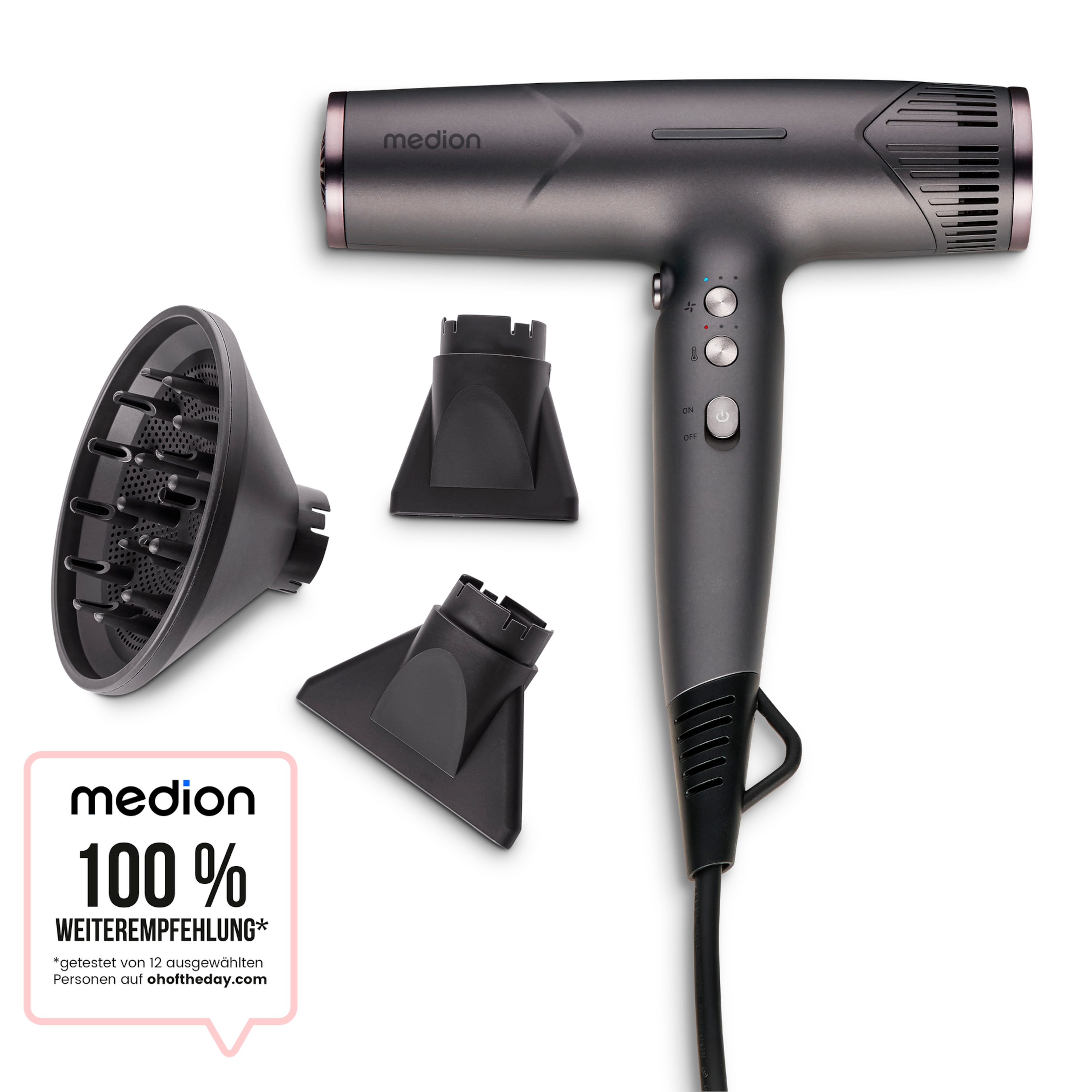 MEDION® LIFE HD2 Haartrockner mit Ionen-Technologie, 1.500 Watt, Selbstreinigungsfunktion, Vielseitige Aufsätze: Stylingdüsen und Diffusor, 3 Temperatur- und 3 Luftstromstufen