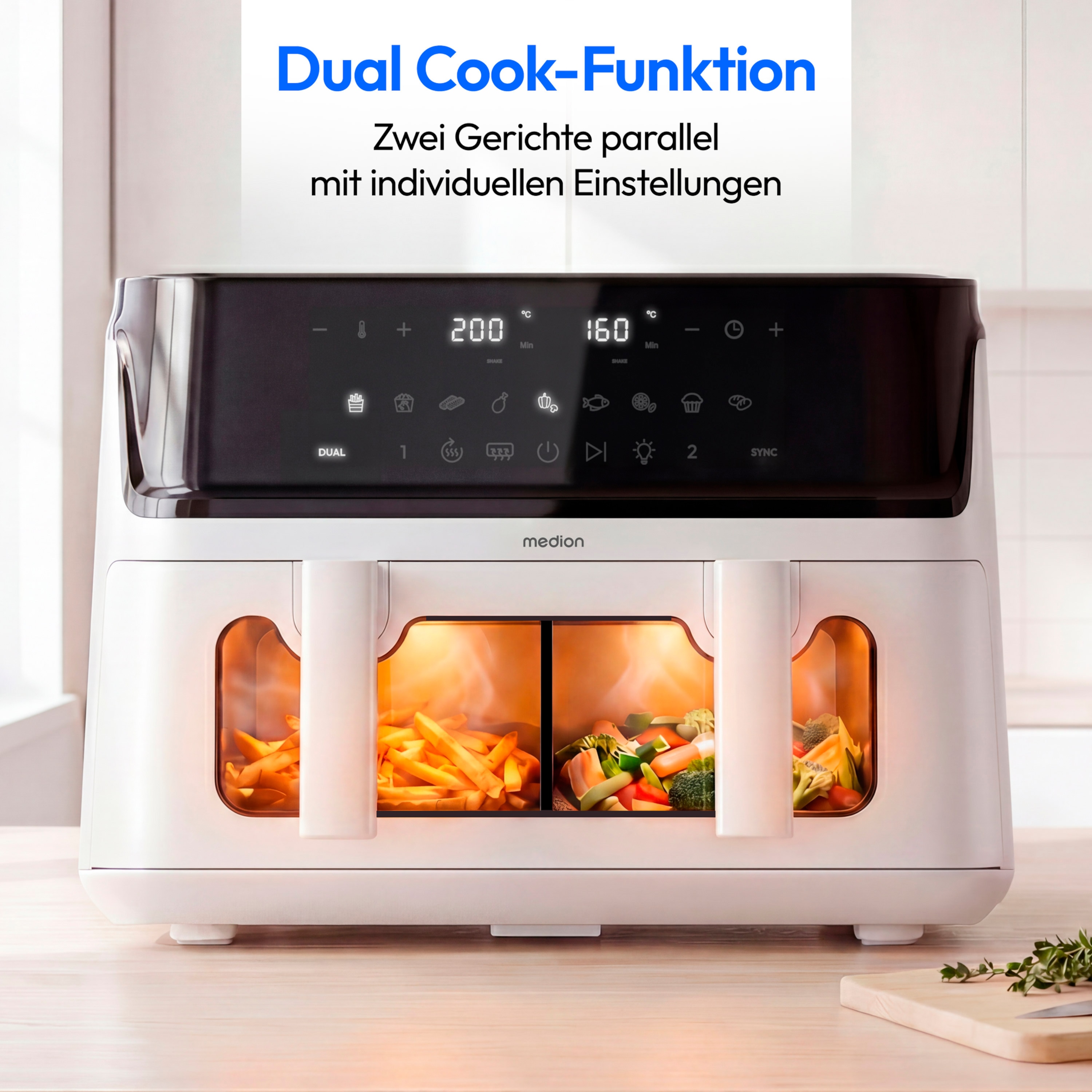 MEDION® LIFE® P25 XXL Flex M Heißluftfritteuse MD100057 weiß, 100 Rezepte in der Life+ App, 2 separate Garzonen, 10 Automatikprogramme, 10,8 L Gesamt-Nutzinhalt, 3.040 Watt, Temperatur einstellbar bis 200 °C