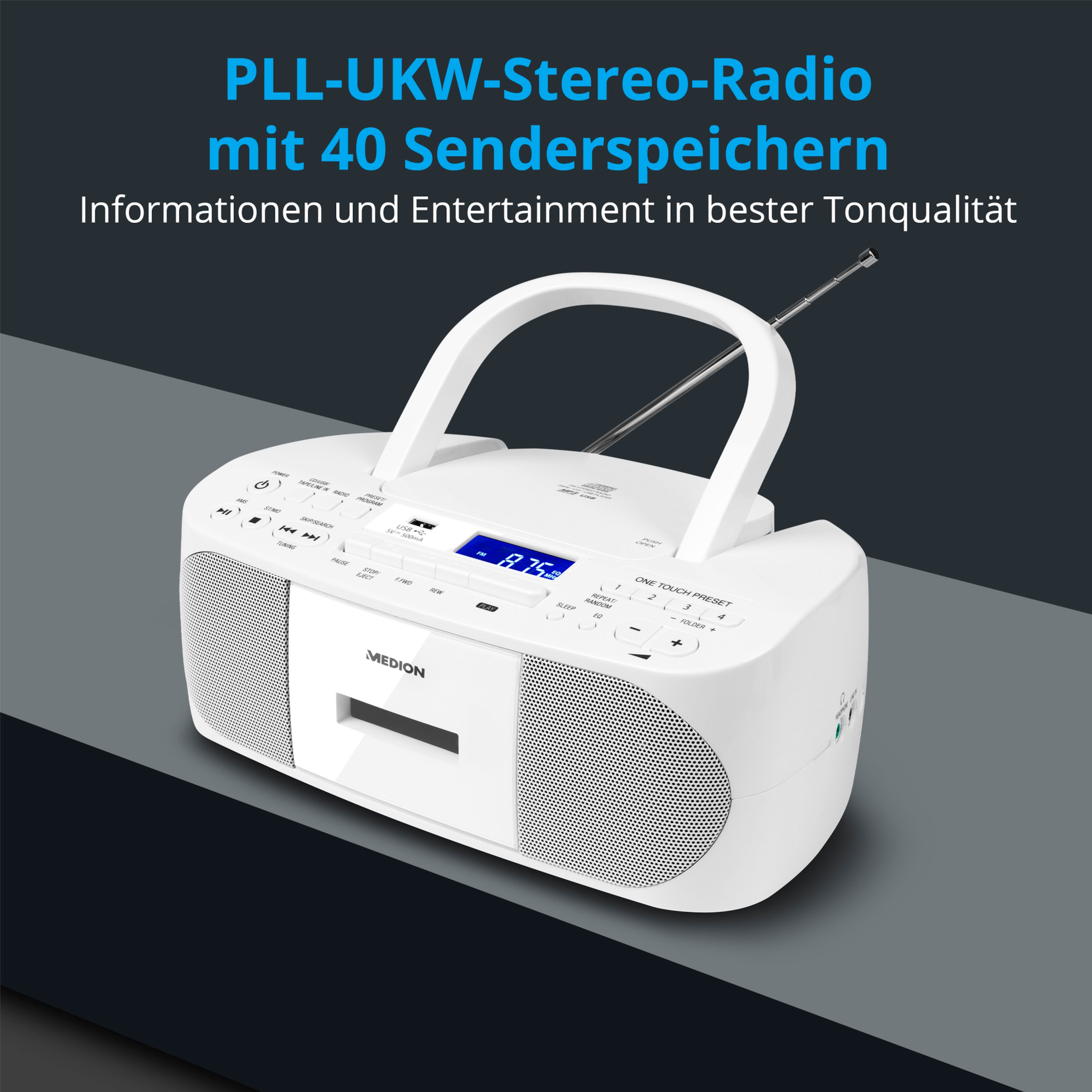 MEDION® LIFE® E64070, CD-Kassetten-Radio mit MP3-Wiedergabe, PLL-UKW Radio, USB Anschluss, CD-R/RW kompatibel, AUX, 2 x 30 W max. Musikausgangsleistung