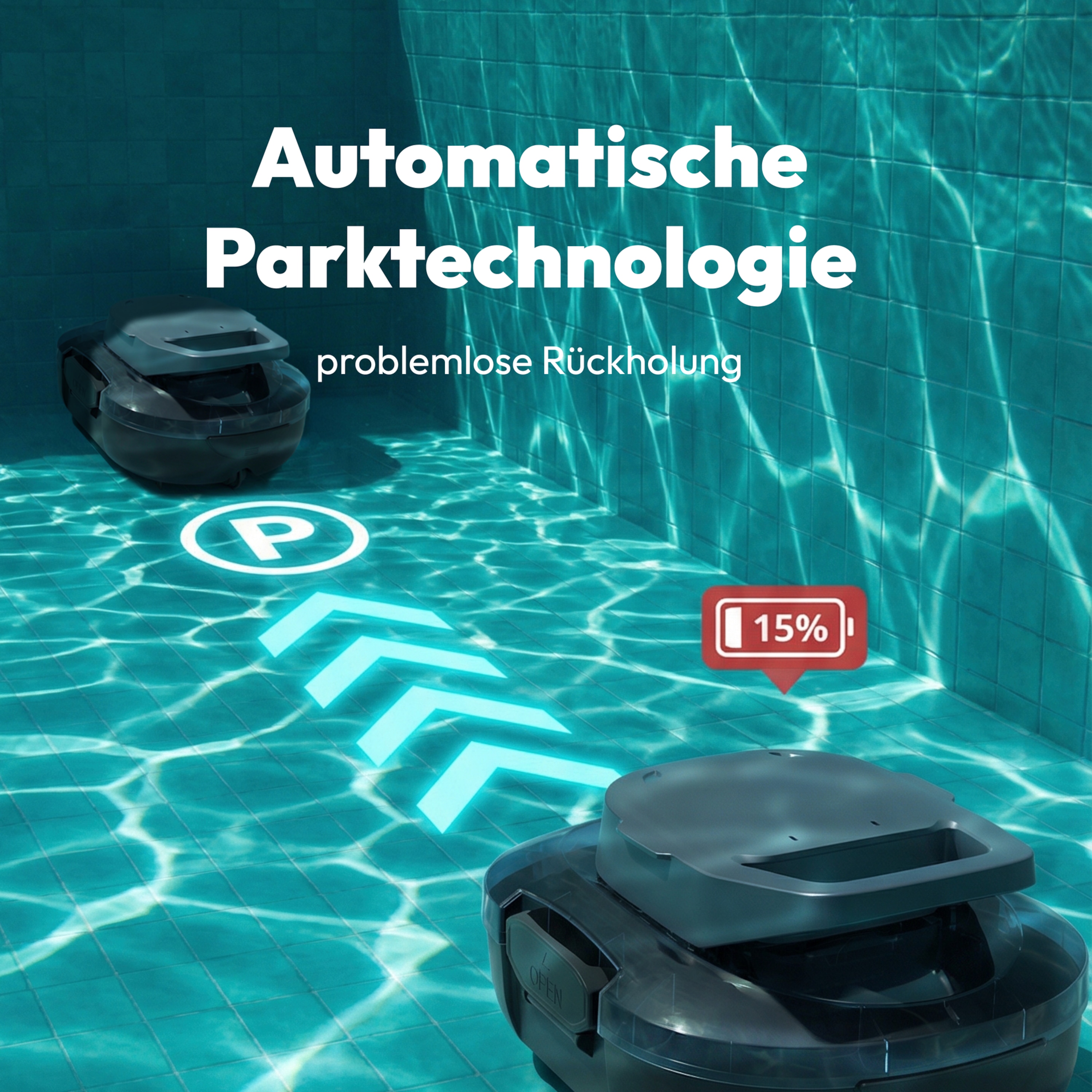 MEDION® LIFE PR1 Poolroboter (MD 100108), Bodenreinigung für Pools, One-Click-Bedienung, Selbstparkfunktion, 120 Min Akkulaufzeit, 2,2 L Filterkapazität, für 80–100 m², inkl. Ladegerät und Haken