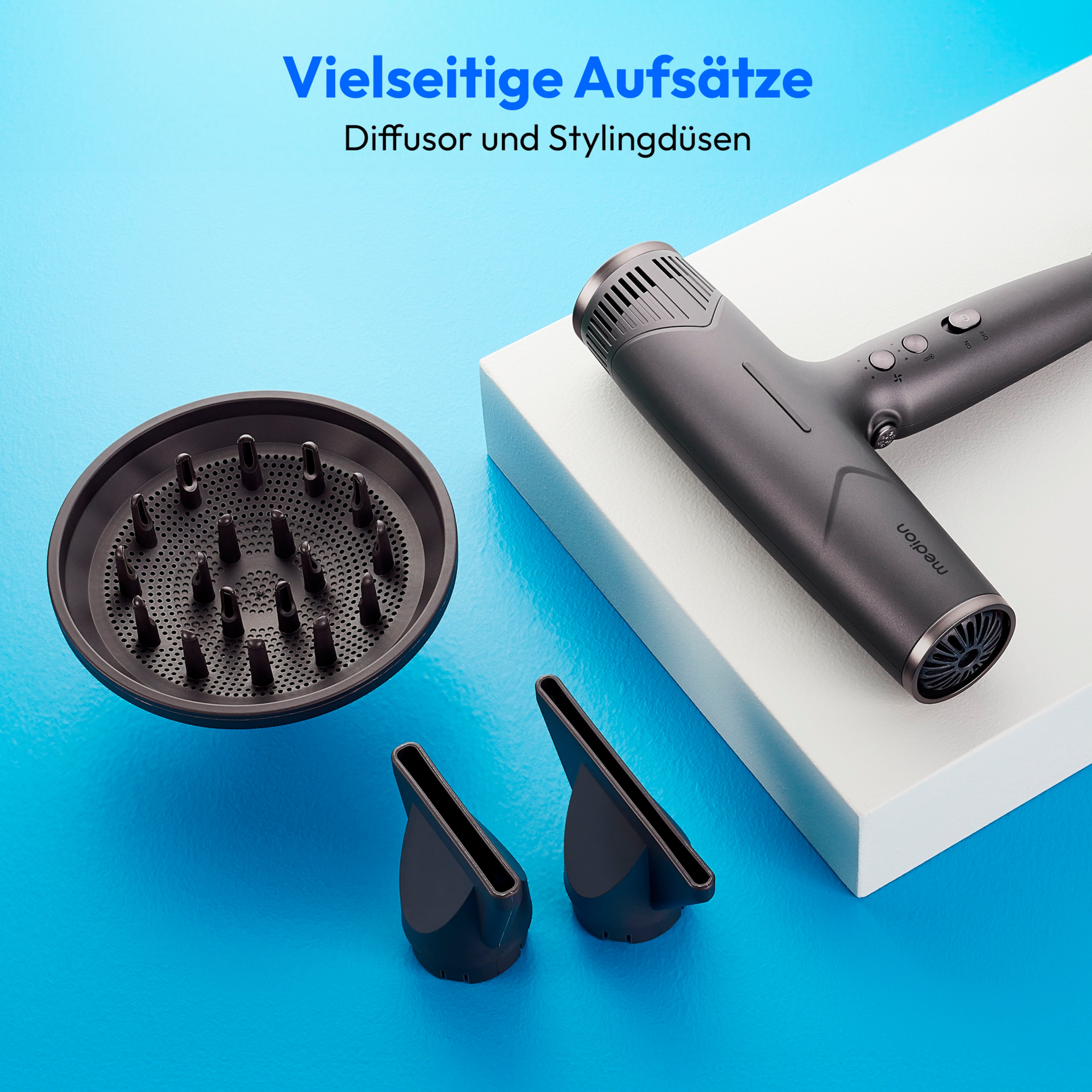 MEDION® LIFE HD2 Haartrockner mit Ionen-Technologie, 1.500 Watt, Selbstreinigungsfunktion, Vielseitige Aufsätze: Stylingdüsen und Diffusor, 3 Temperatur- und 3 Luftstromstufen